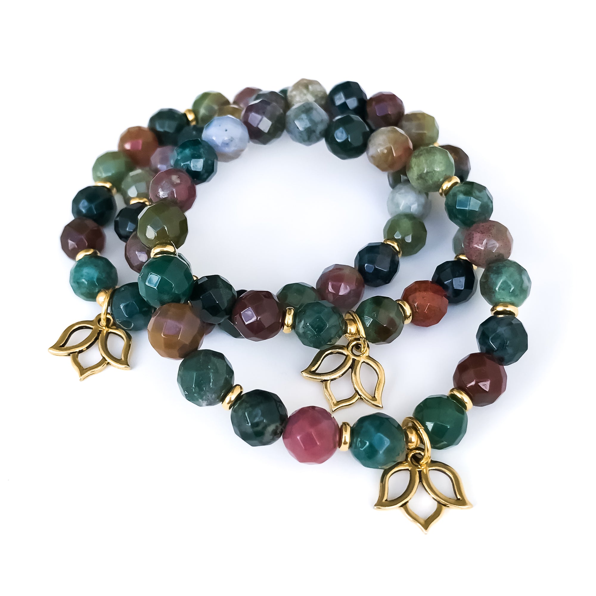 Faceted Indian agate mala bead bracelet with gold lotus charm and accents by Mishka Samuel