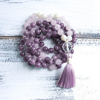 Lepidolite Rose Quartz Mala Necklace, yoga jewelry