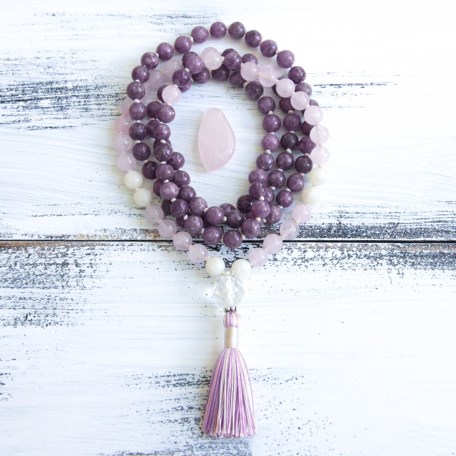 lepidolite mala beads, handmade jewelry