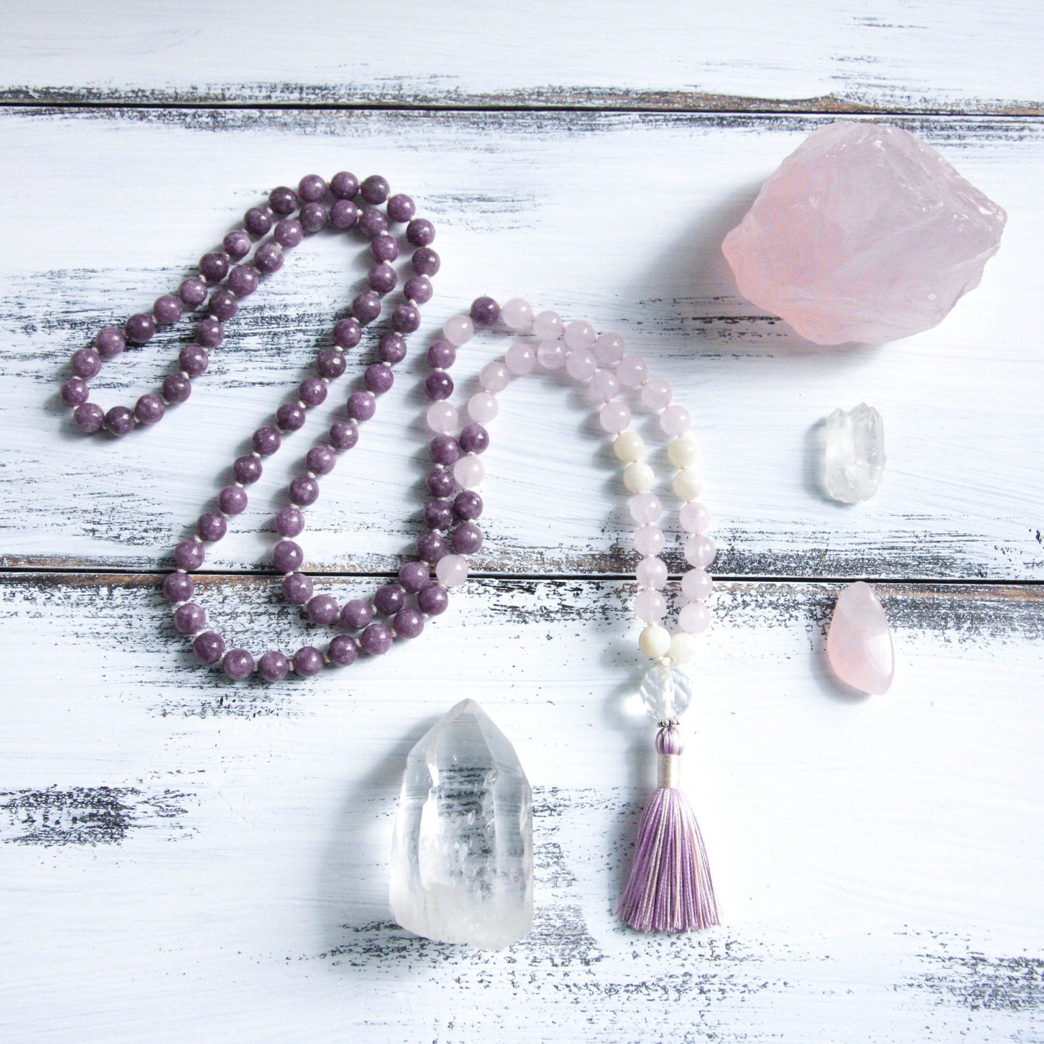 lepidolite long boho tassel necklace, mala 108