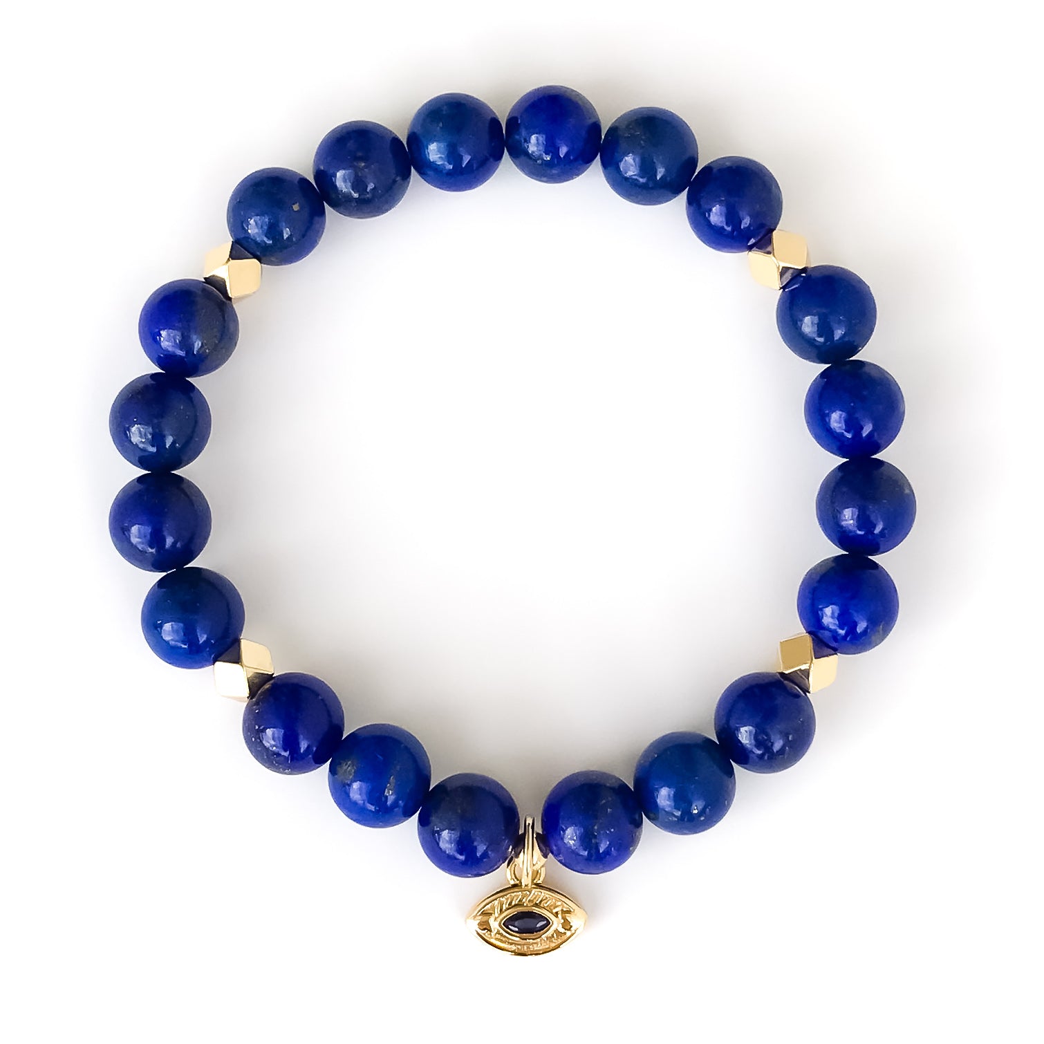 Lapis Lazuli Mala Bracelet with gold evil eye charm and gold accents, spiritual jewelry by Mishka Samuel