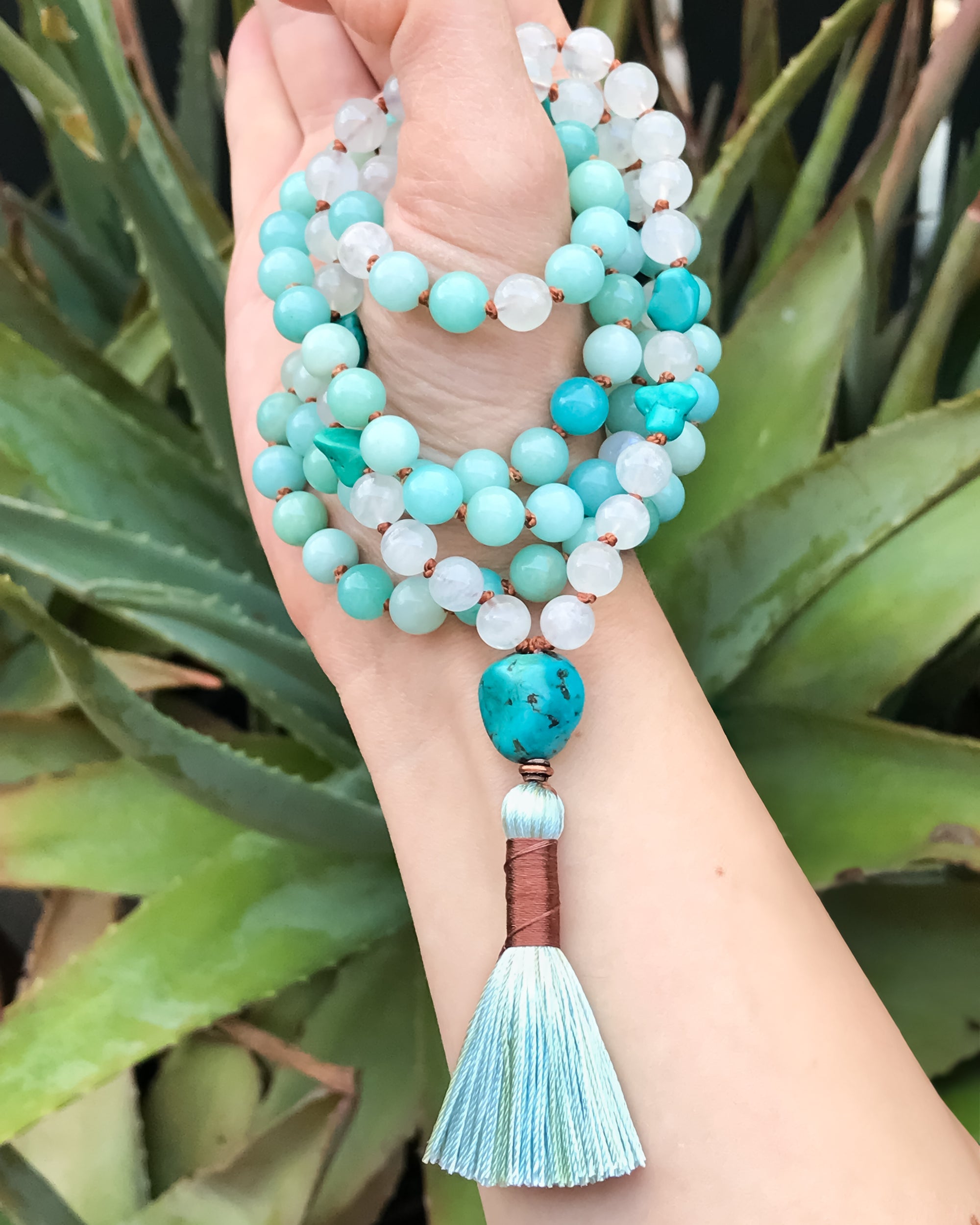 Peaceful Journey Amazonite & Moonstone Mala Necklace with Genuine Turquoise