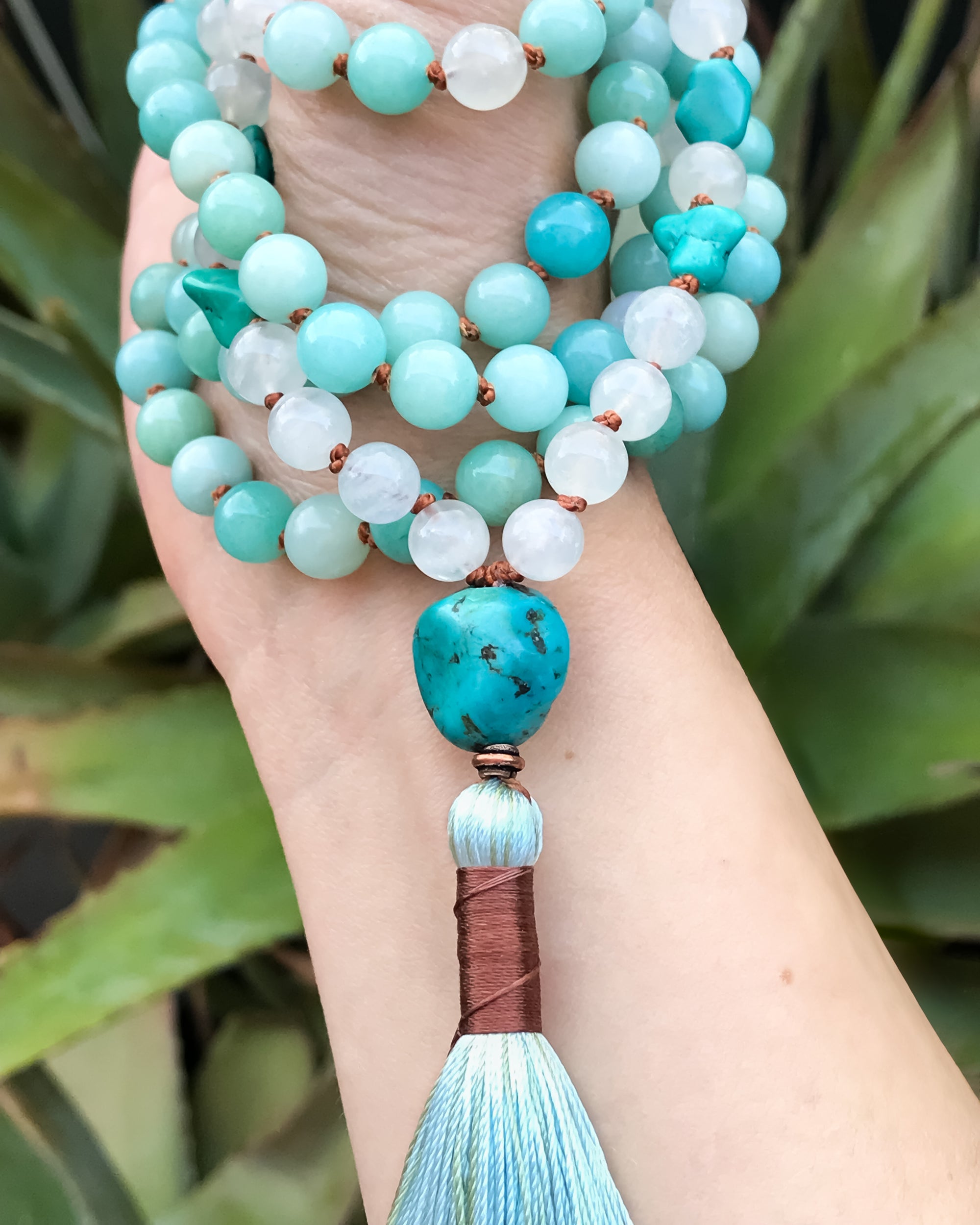Peaceful Journey Amazonite & Moonstone Mala Necklace with Genuine Turquoise