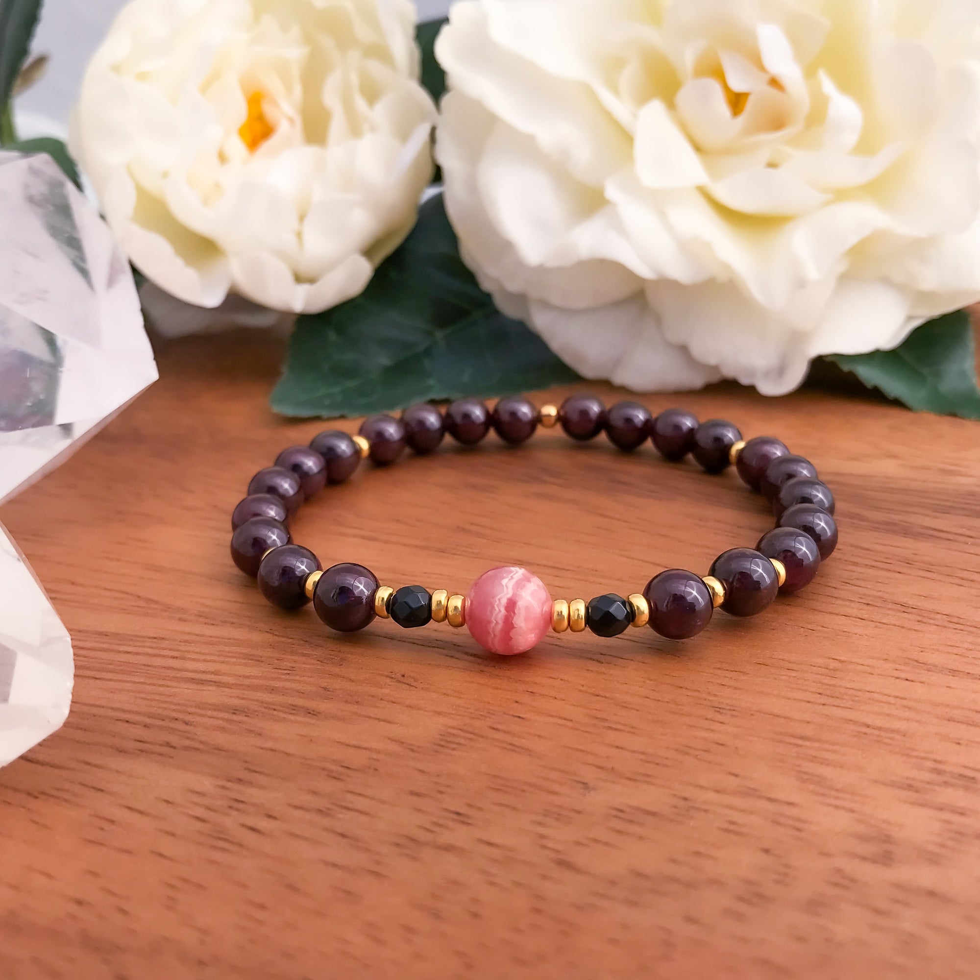 Love & Protection : Garnet, Rhodochrosite & Black Onyx Mala Bracelet