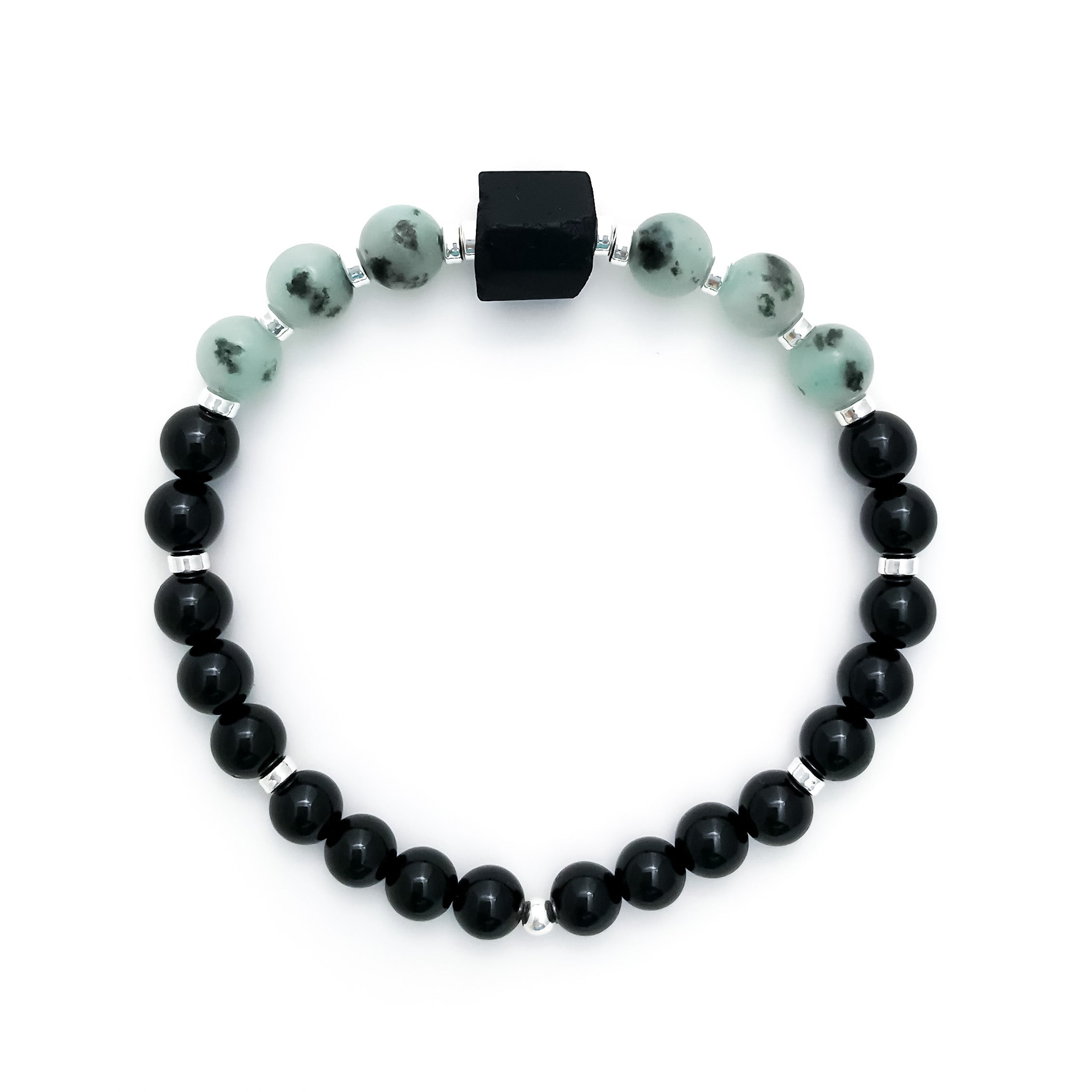 Protection & Nurture : Handmade Black Tourmaline & Sesame (Kiwi) Jasper Mala Bracelet With Raw Tourmaline focal bead and sterling silver accents.