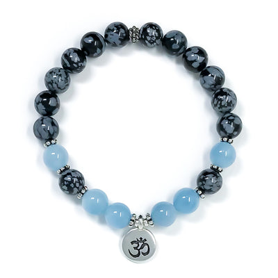 Black and gray Snowflake Obsidian & blue Aquamarine Mala Bracelet, Silver Om Charm, Choose Your Charm
