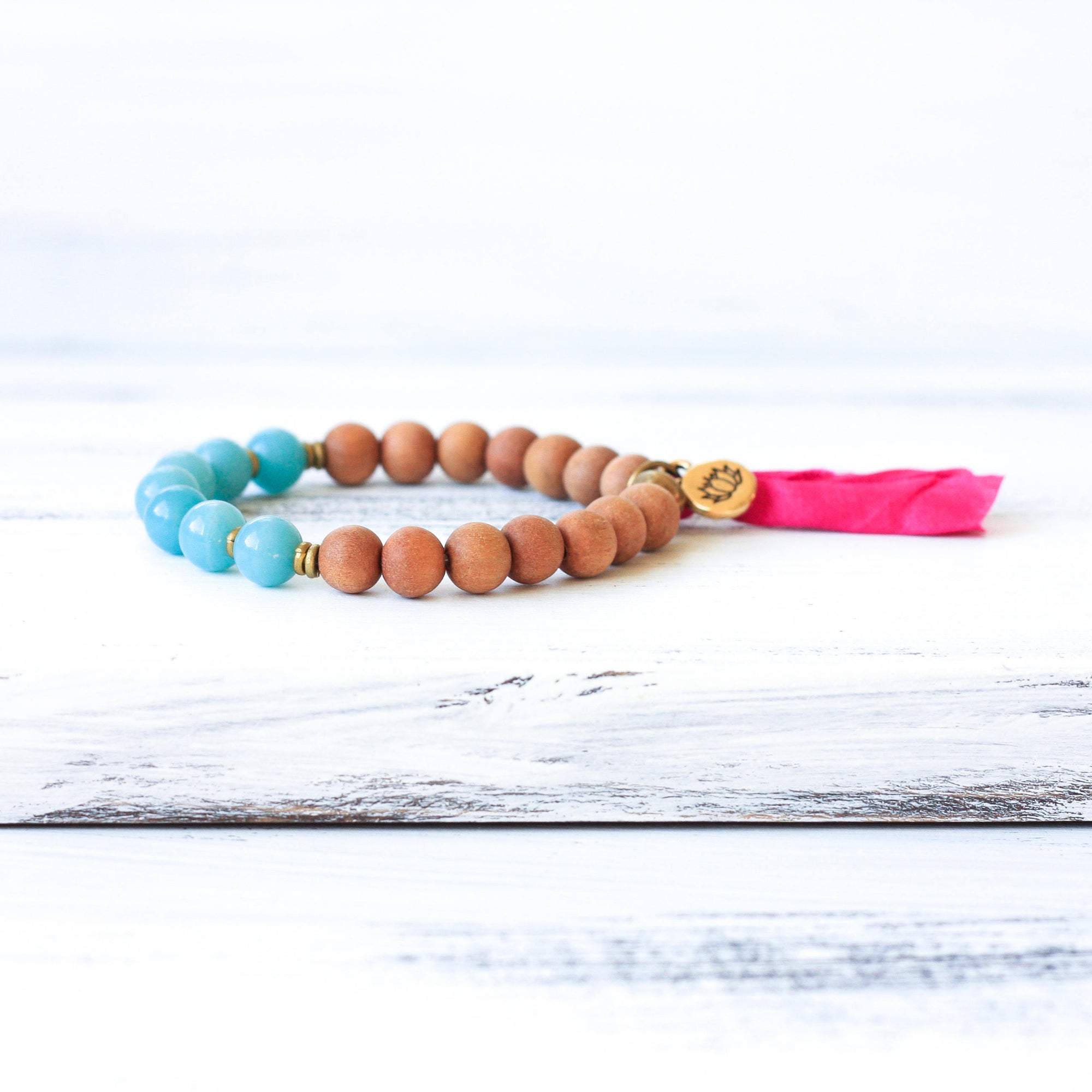 Amazonite Sandalwood Wrist Mala Beads, buddhist jewelry