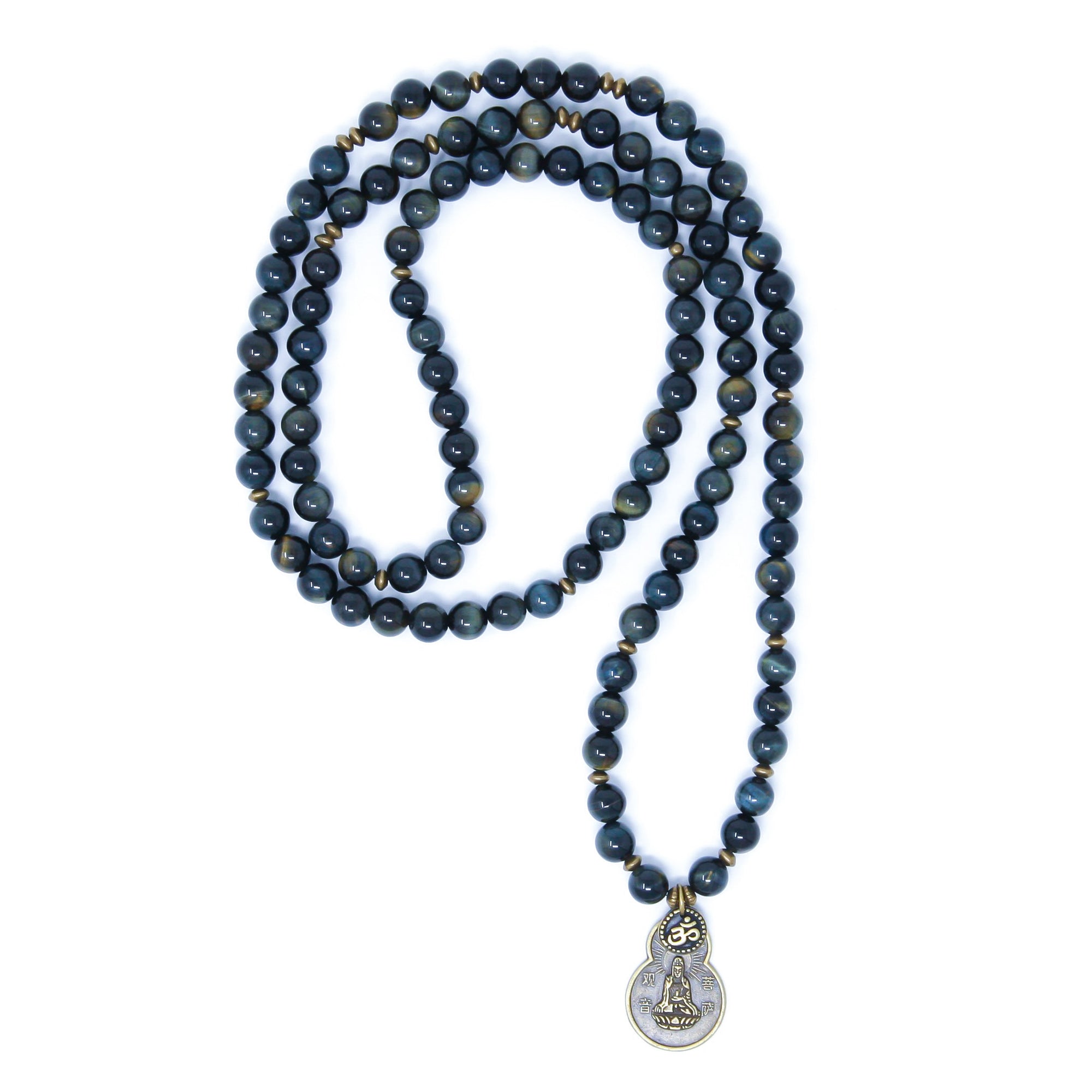 Blue Tiger Eye Mala beads with antique brass details, small Om charm and Quan Yin pendant.