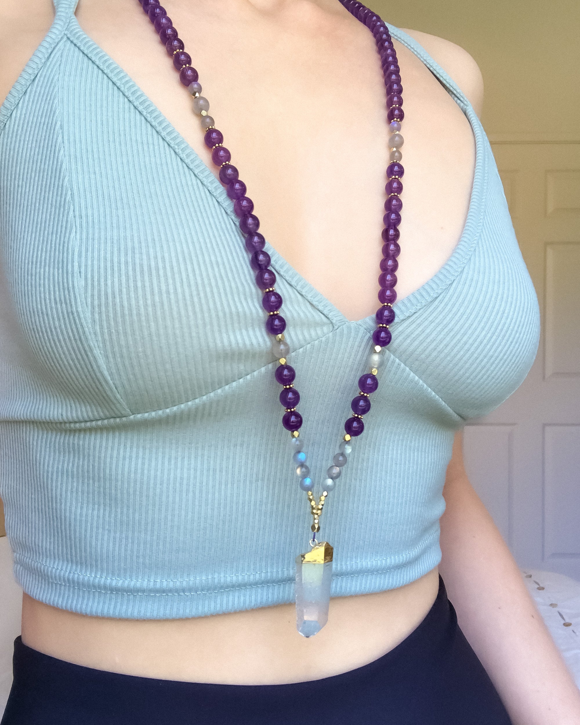 I Am One with the Universe: Amethyst & Labradorite Mala necklace handmade with purple Amethyst and gray Labradorite with rainbow flashes. Quartz Crystal focal point.