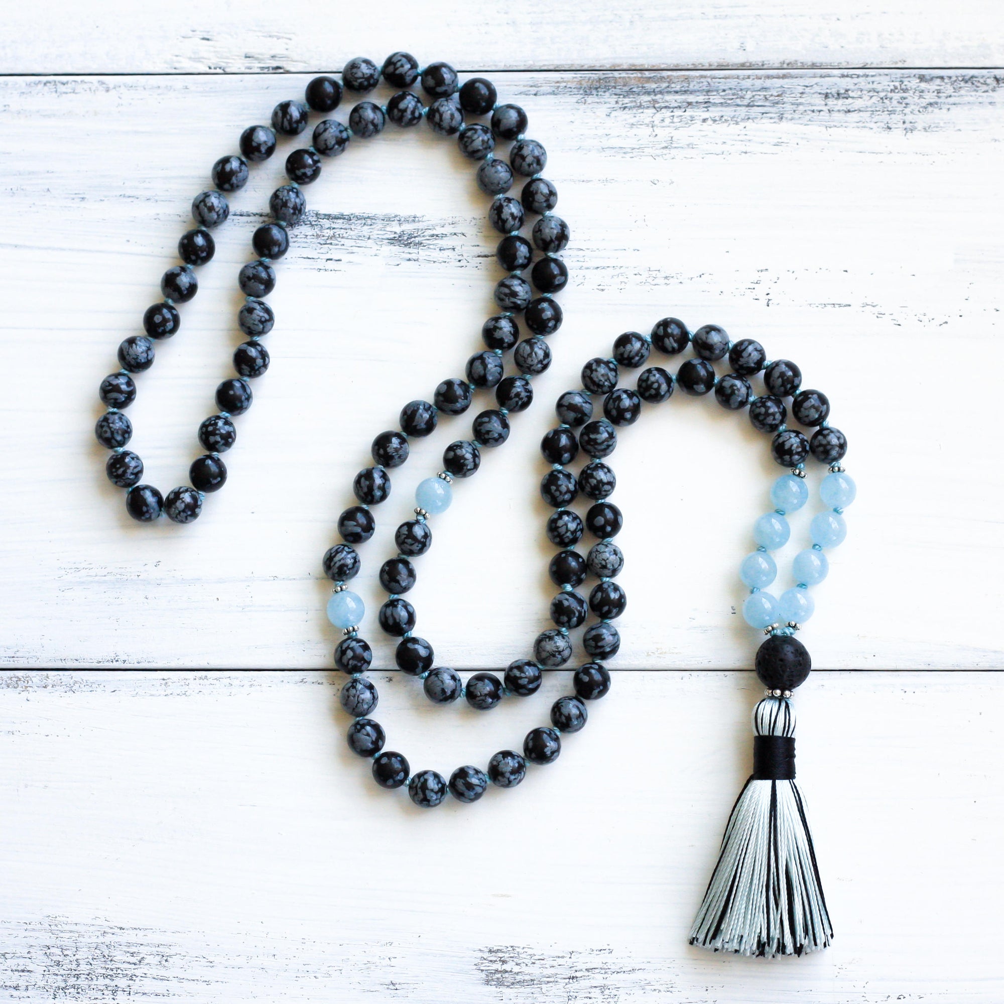 Aquamarine Snowflake Obsidian 108 Mala beads, boho jewelry