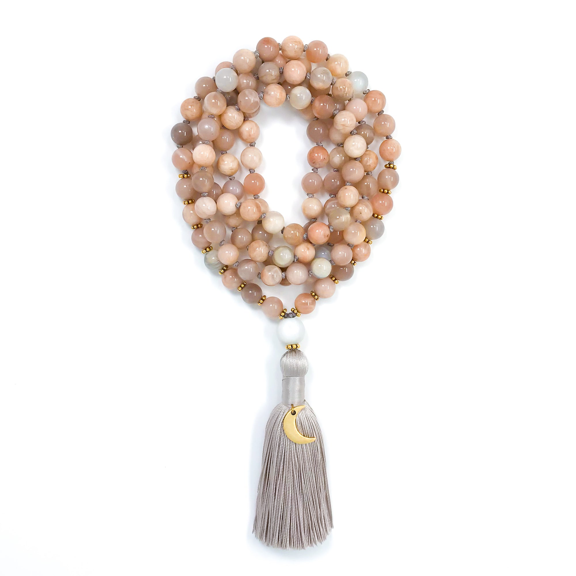 sunstone mala necklace knotted on gray silk with white moonstone guru bead, gray tassel and gold moon crescent charm