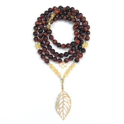 I Am Confident & Motivated: Red Tiger’s Eye & Citrine Mala necklace handmade with Red Tiger’s Eye and Citrine gemstones with a leaf pendant