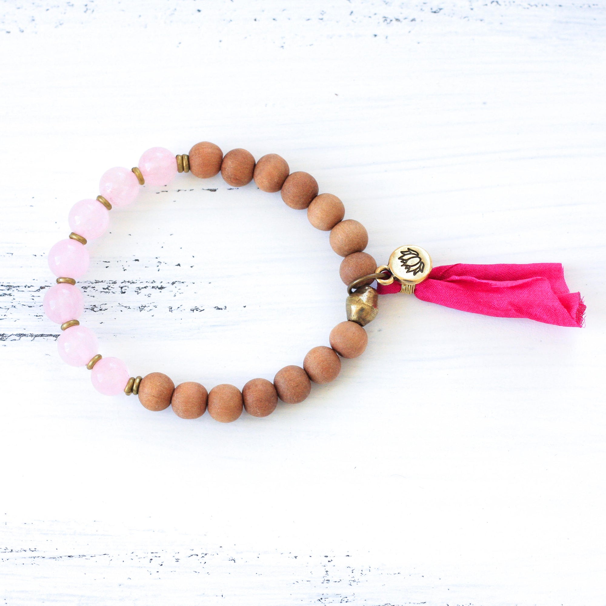 Rose Quartz Sandalwood boho style bracelet, buddhist jewelry