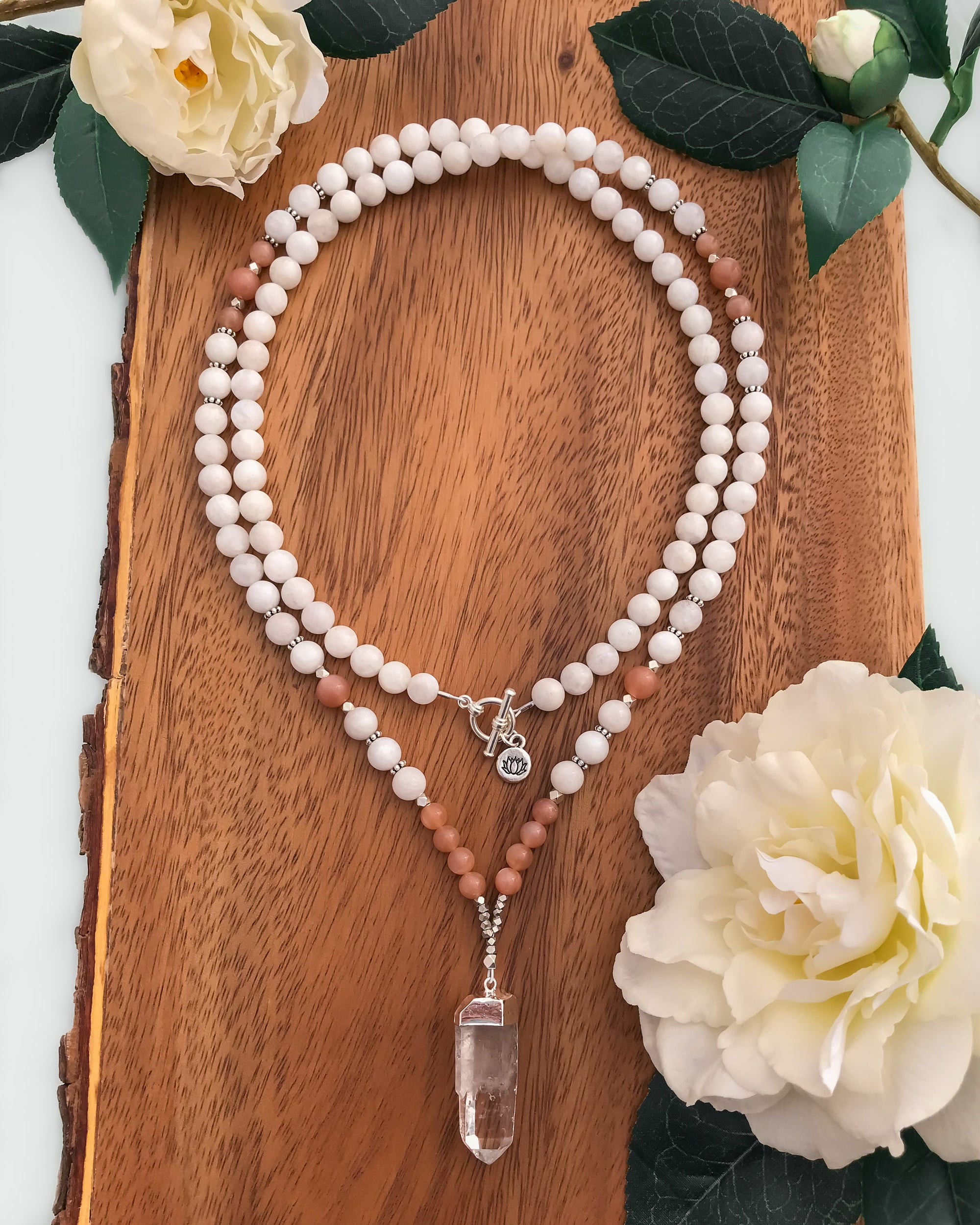 Moonstone and Sunstone 108 bead mala necklace with Quartz crystal point pendant, silver or gold, crystal jewelry