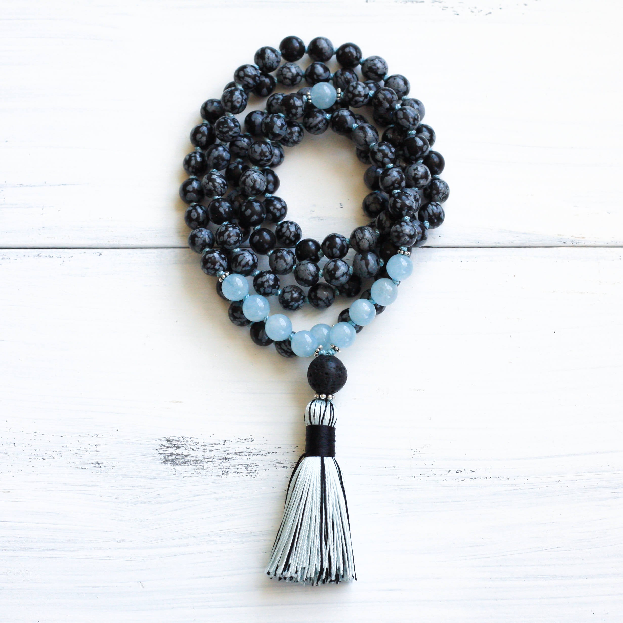 Aquamarine Snowflake Obsidian Mala Necklace, crystal healing jewelry