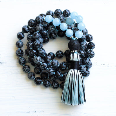 Snowflake Obsidian Aquamarine Mala Necklace, yoga jewelry