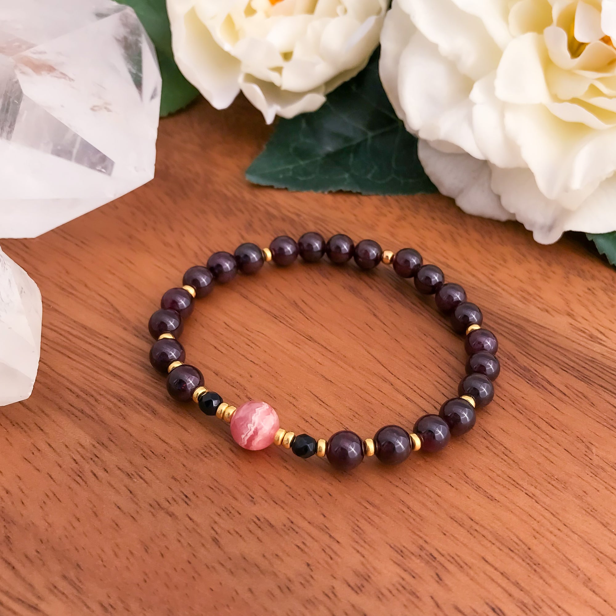 Love & Protection : Garnet, Rhodochrosite & Black Onyx Mala Bracelet
