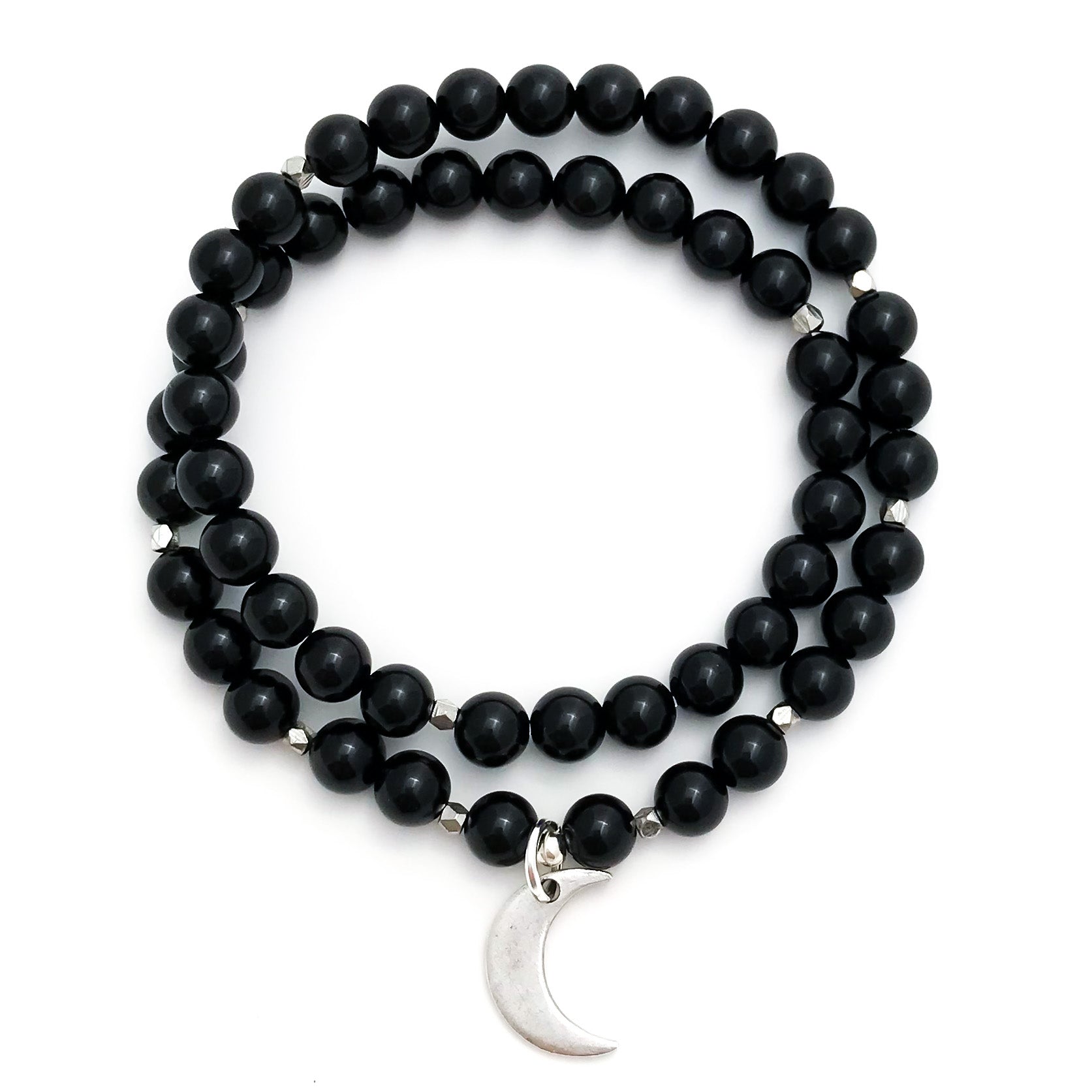 LUNA : Black Tourmaline Mala Wrap Bracelet with silver Crescent Moon and diamond cut accents. Yoga jewelry black beaded bracelet made with natural crystal gemstone.