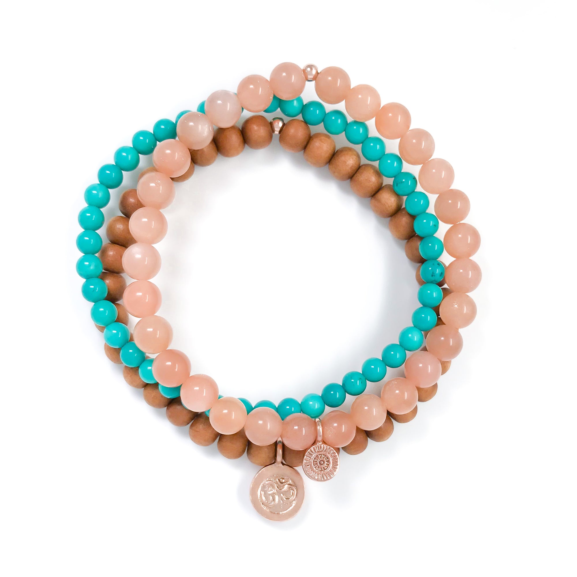 pastel orange sunstone, turquoise and sandalwood 3 healing bracelet set with rose gold Om charm