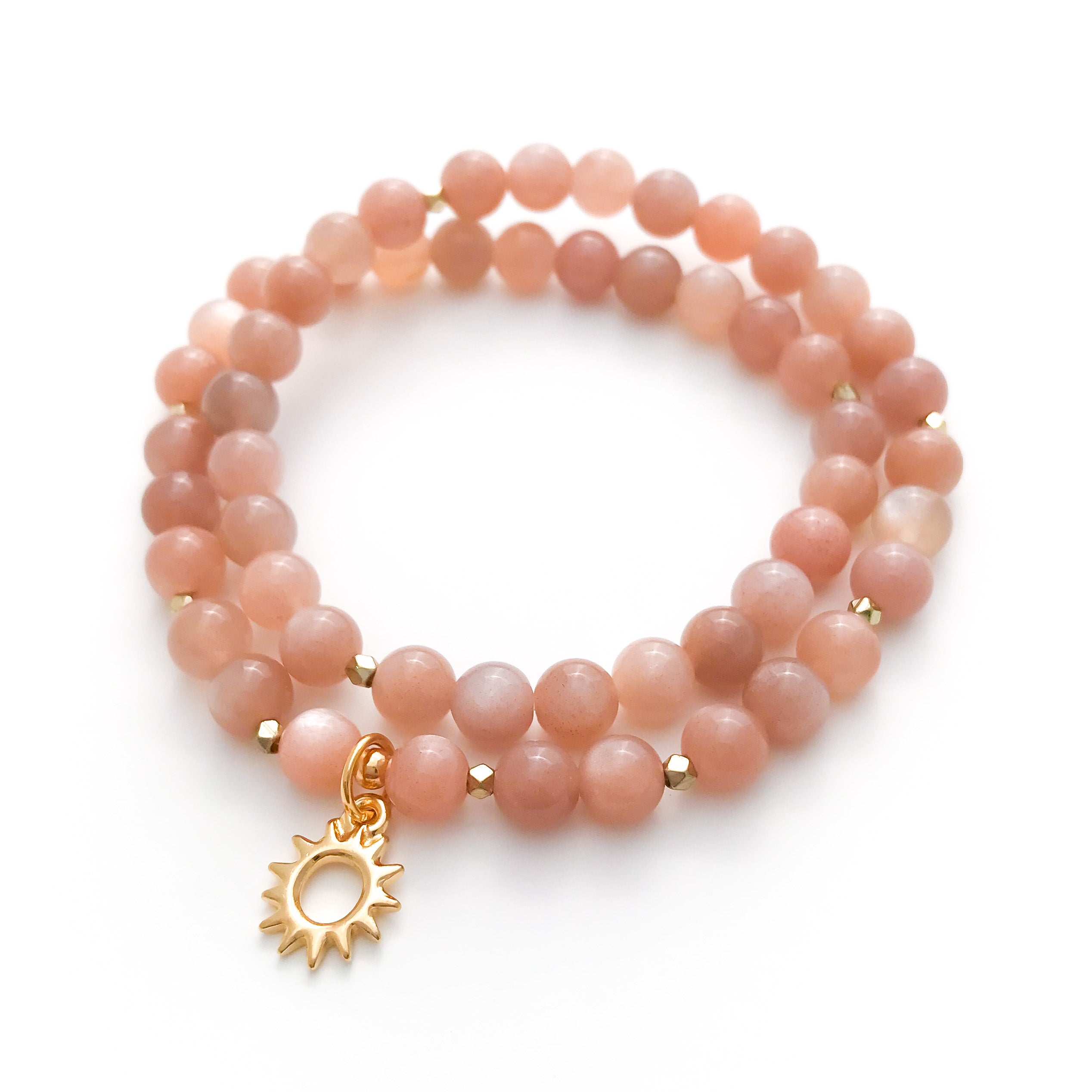 RADIANT : Sunstone Mala Wrap Bracelet with gold Radiant Sun Charm and gold diamond cut accents, handmade jewelry