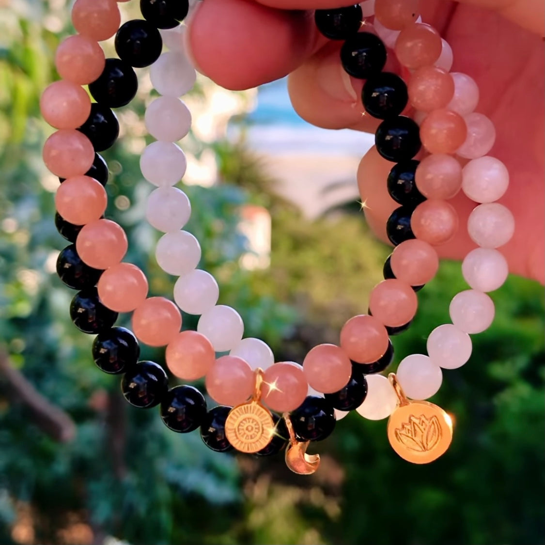 Sunstone, Moonstone & Black Tourmaline Healing Bracelet Set, yoga jewelry, sun, moon, lotus gold charm mala bracelet stack