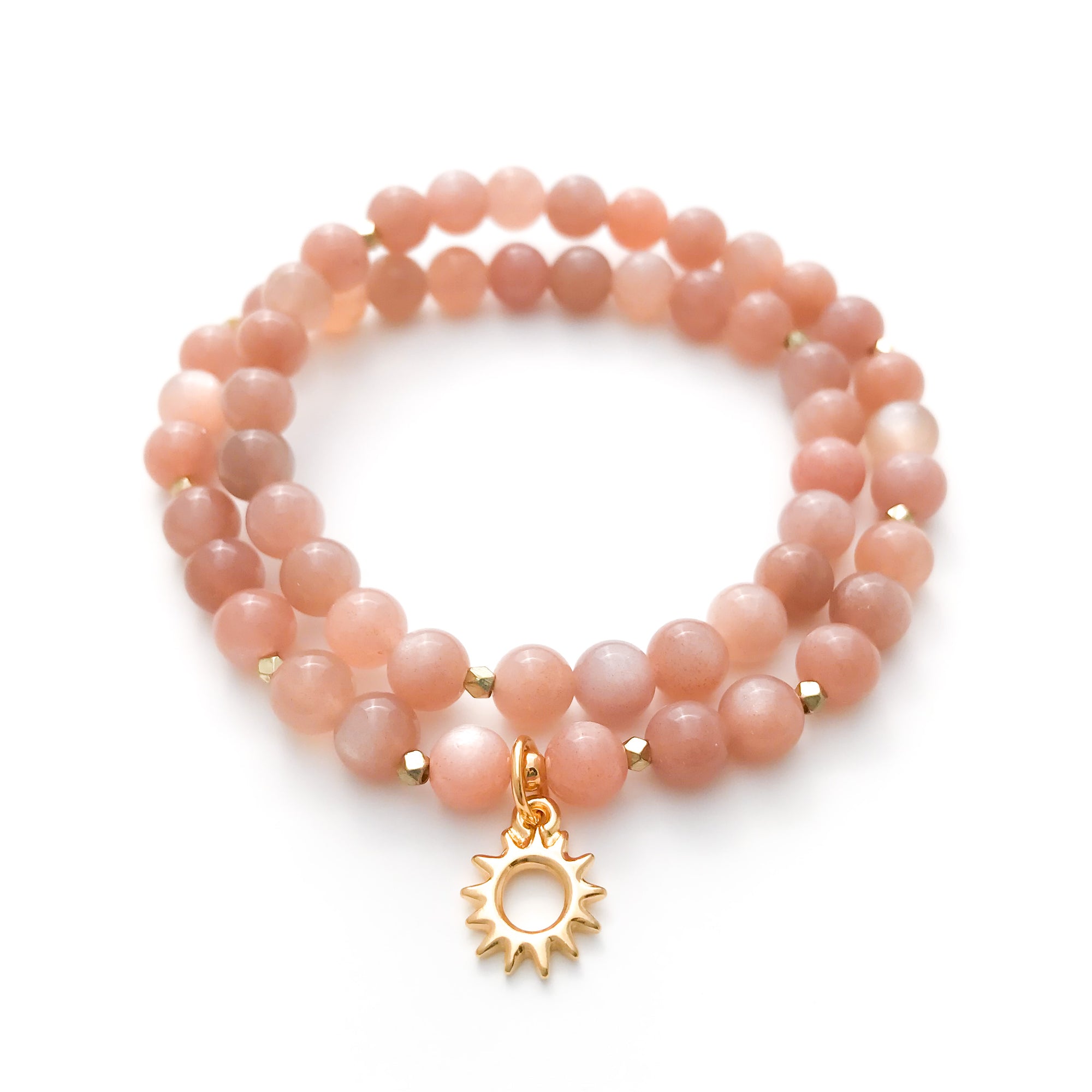 RADIANT : Sunstone Mala Wrap Bracelet with gold Radiant Sun Charm, intention jewelry