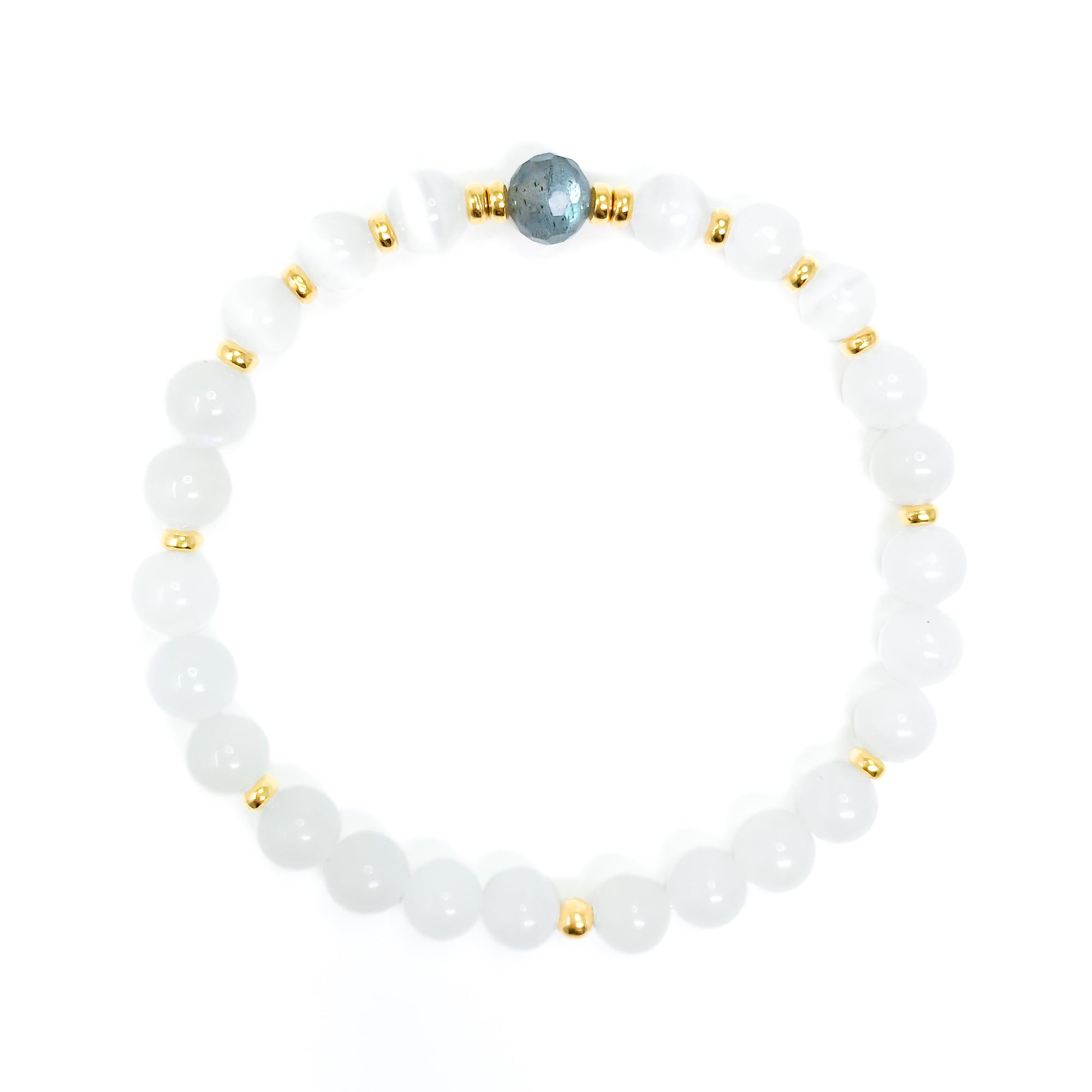 White Moonstone and Selenite yoga bracelet with a faceted Labradorite focal bead. Gold or sterling silver accents.