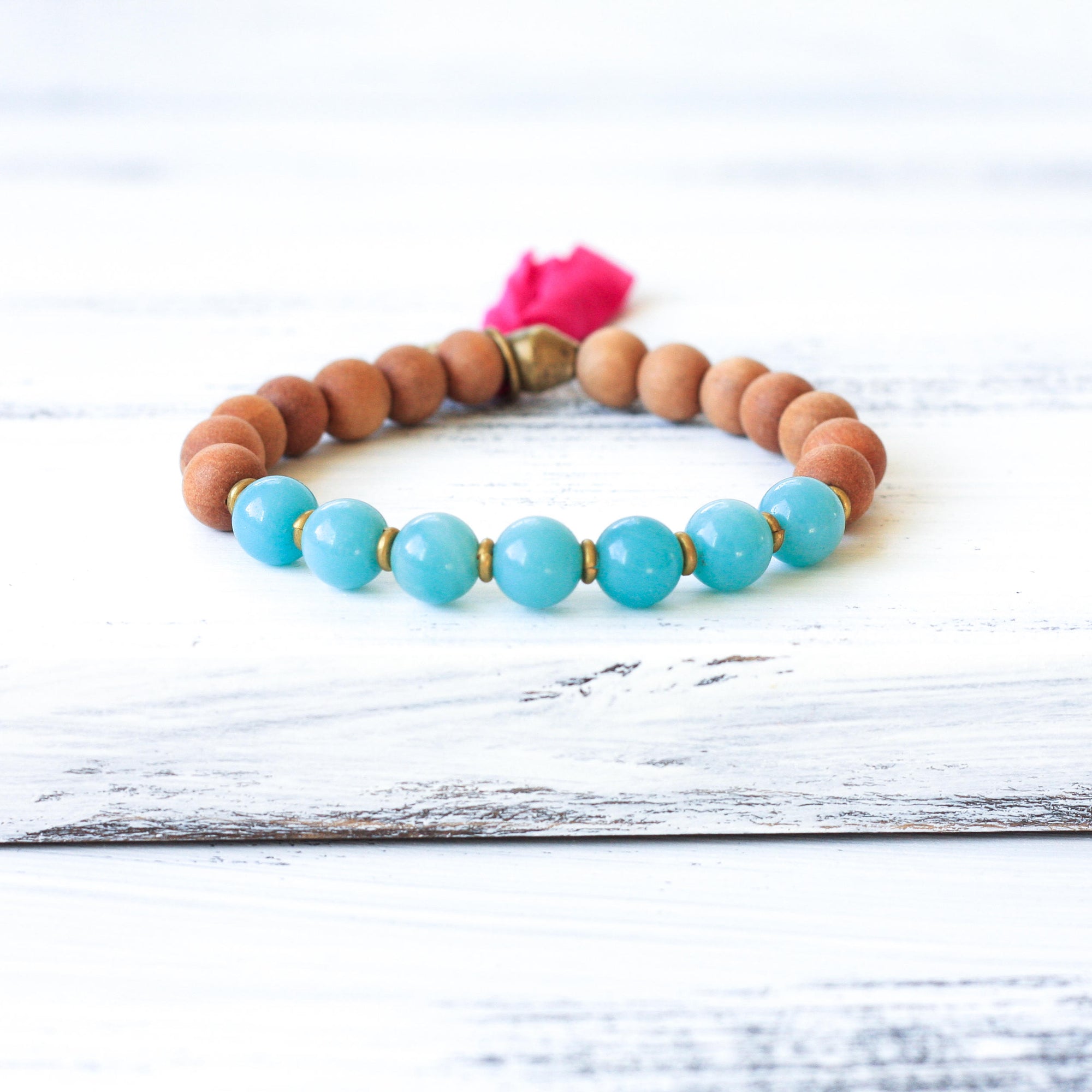 Sandalwood Amazonite Mala bead bracelet, handmade jewelry