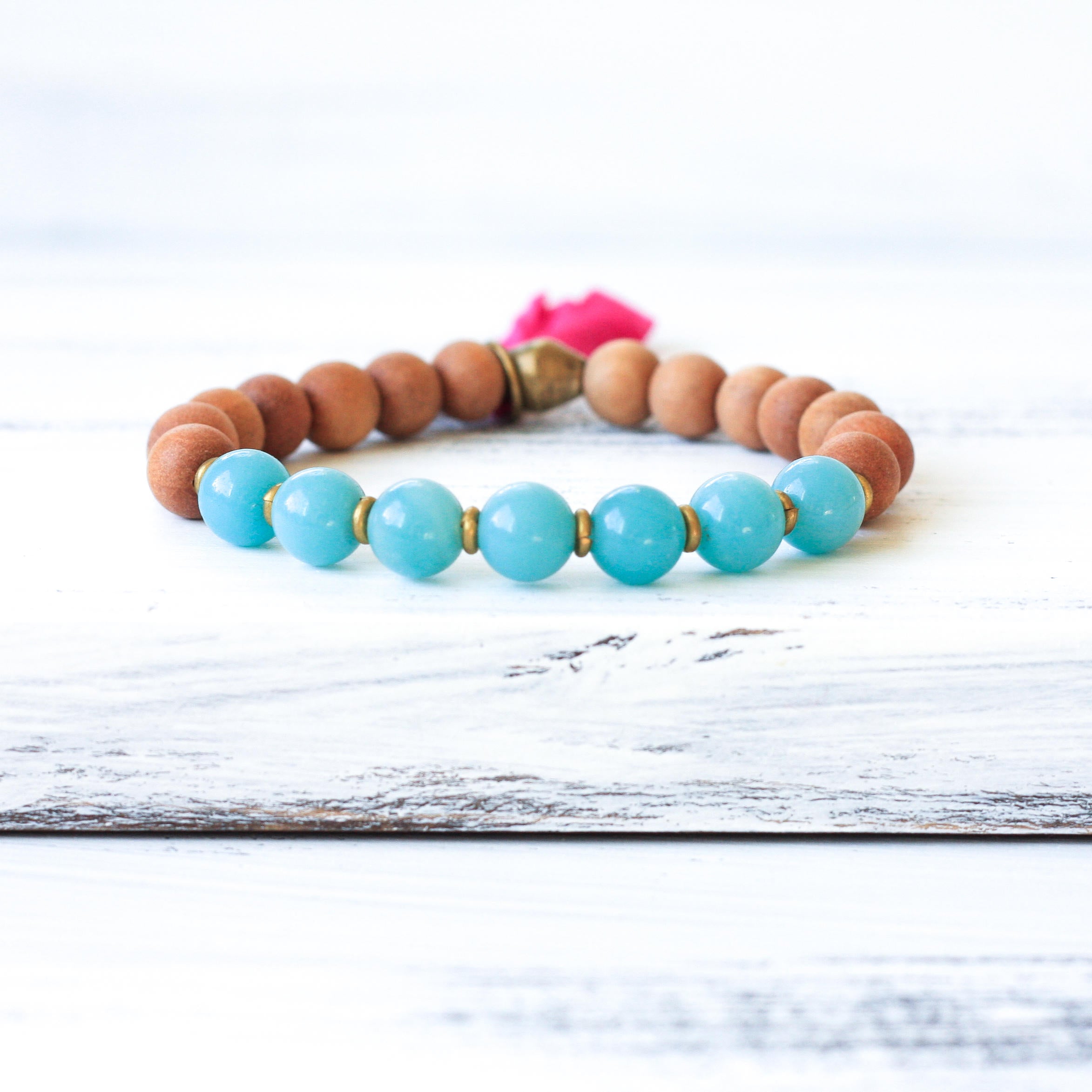 Amazonite Sandalwood Mala Bead Bracelet, boho jewelry