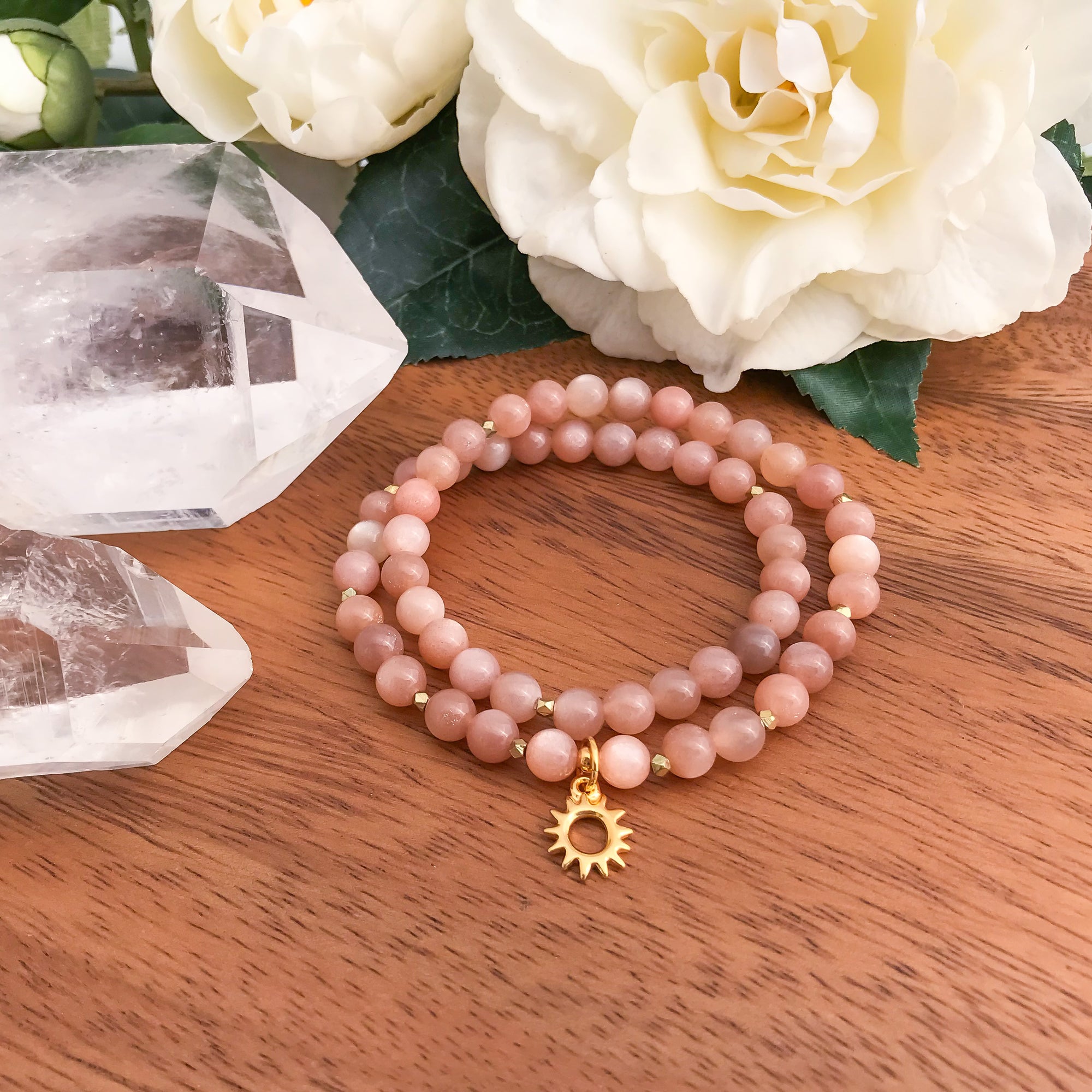 RADIANT : Sunstone Mala Wrap Bracelet with gold Radiant Sun Charm, gold diamond cut accents, healing crystal jewelry