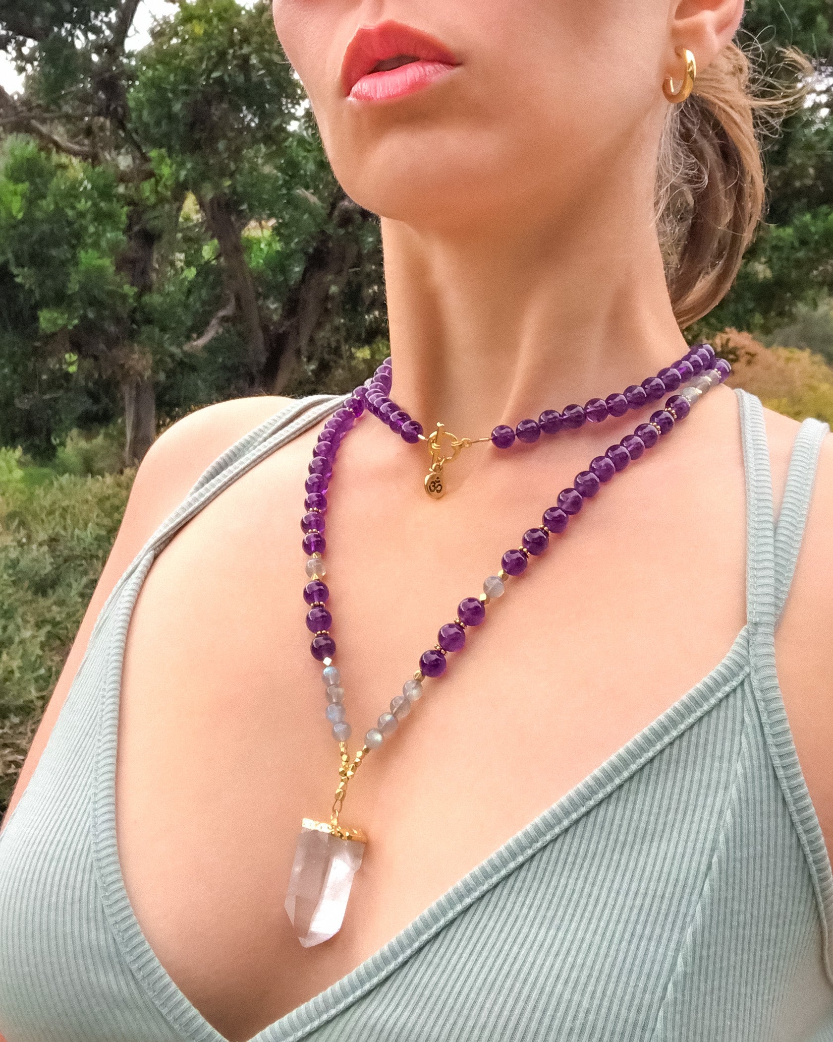 I Am One with the Universe: Amethyst & Labradorite Mala necklace handmade with purple Amethyst and gray Labradorite with rainbow flashes. Quartz Crystal focal point.