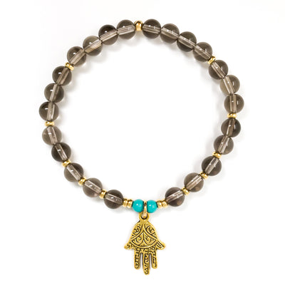 Smoky Quartz & Turquoise Mala Bracelet with Hamsa Hand Charm, Yoga Bracelet for Protection and Strength