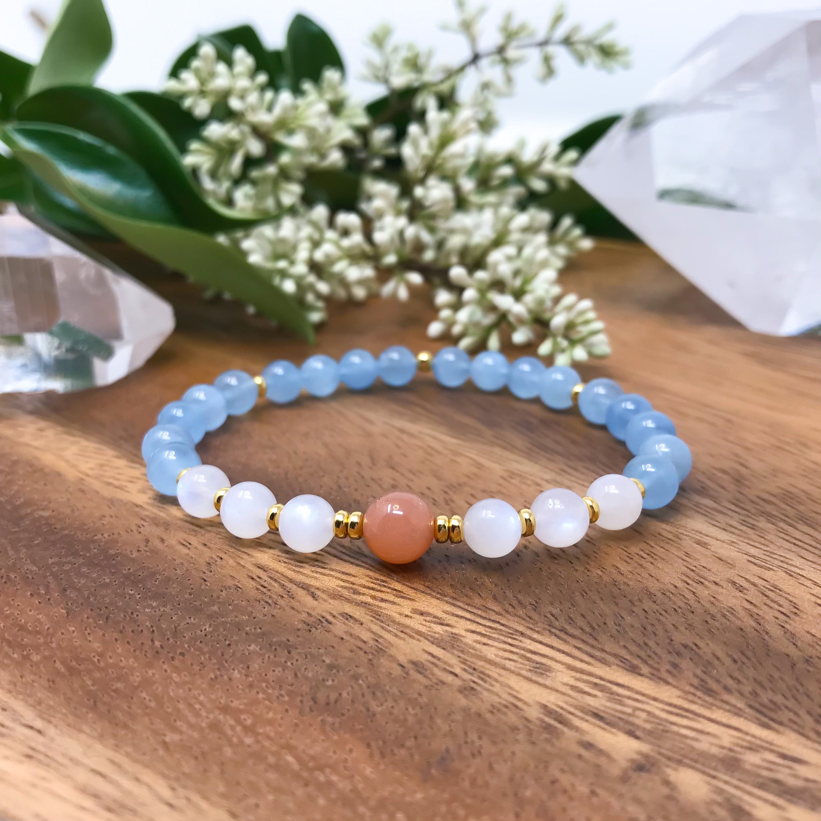 Light blue Aquamarine, white Rainbow Moonstone and peach Sunstone beaded yoga bracelet. choose gold or silver accents. handmade spiritual jewelry.