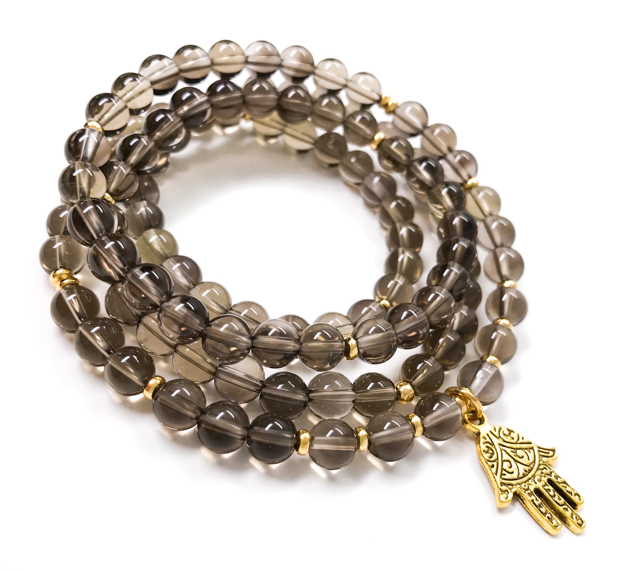 108 Smoky Quartz gemstone beads Mala Bracelet with Hamsa Hand Charm, gold or silver accents, yoga bracelet wrap