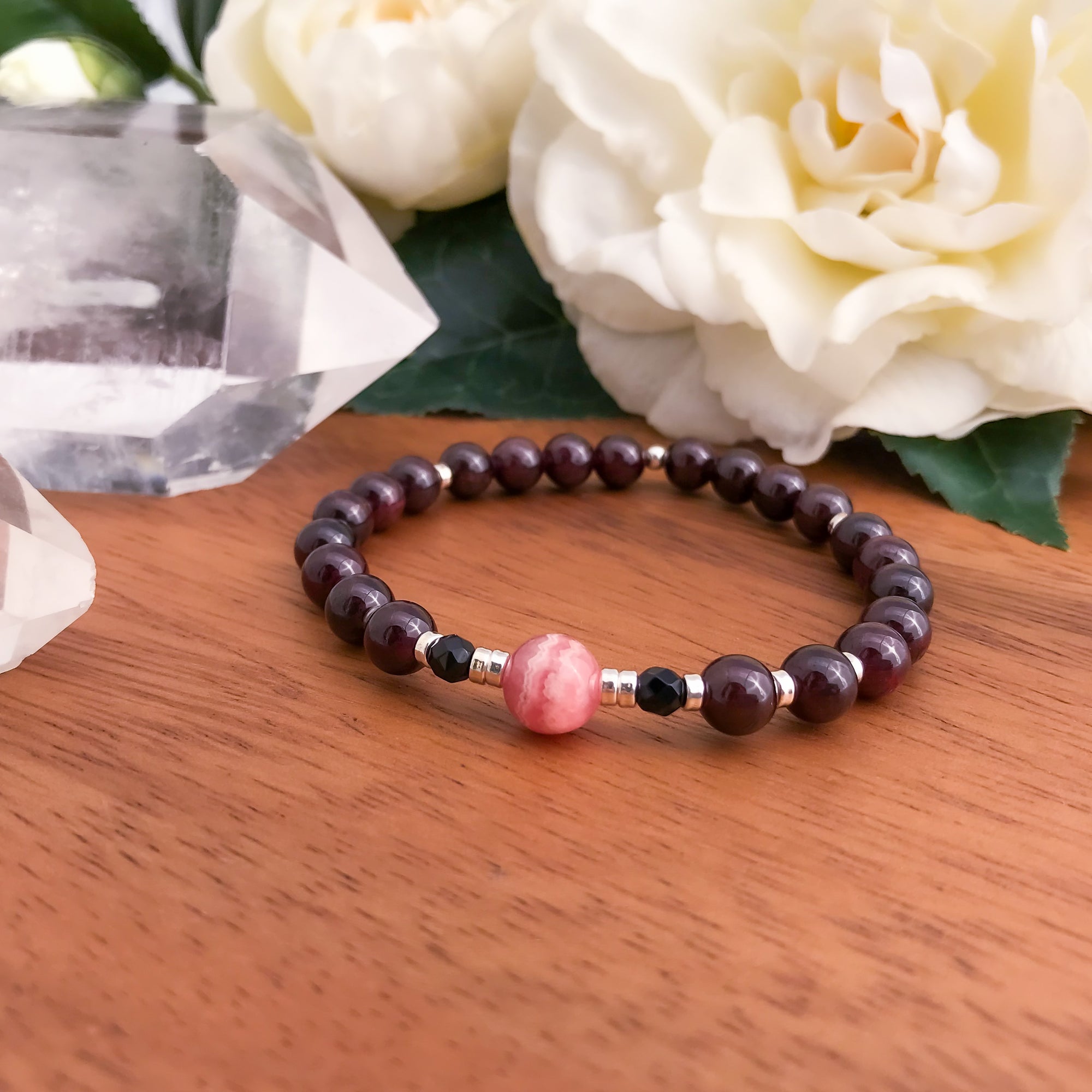 Love & Protection : Garnet, Rhodochrosite & Black Onyx Mala Bracelet