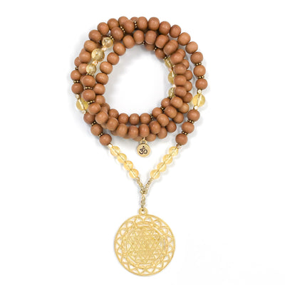 I Am Blessed: Sandalwood & Citrine Mala necklace handmade with sandalwood beads and citrine gemstone with Sri yantra pendant