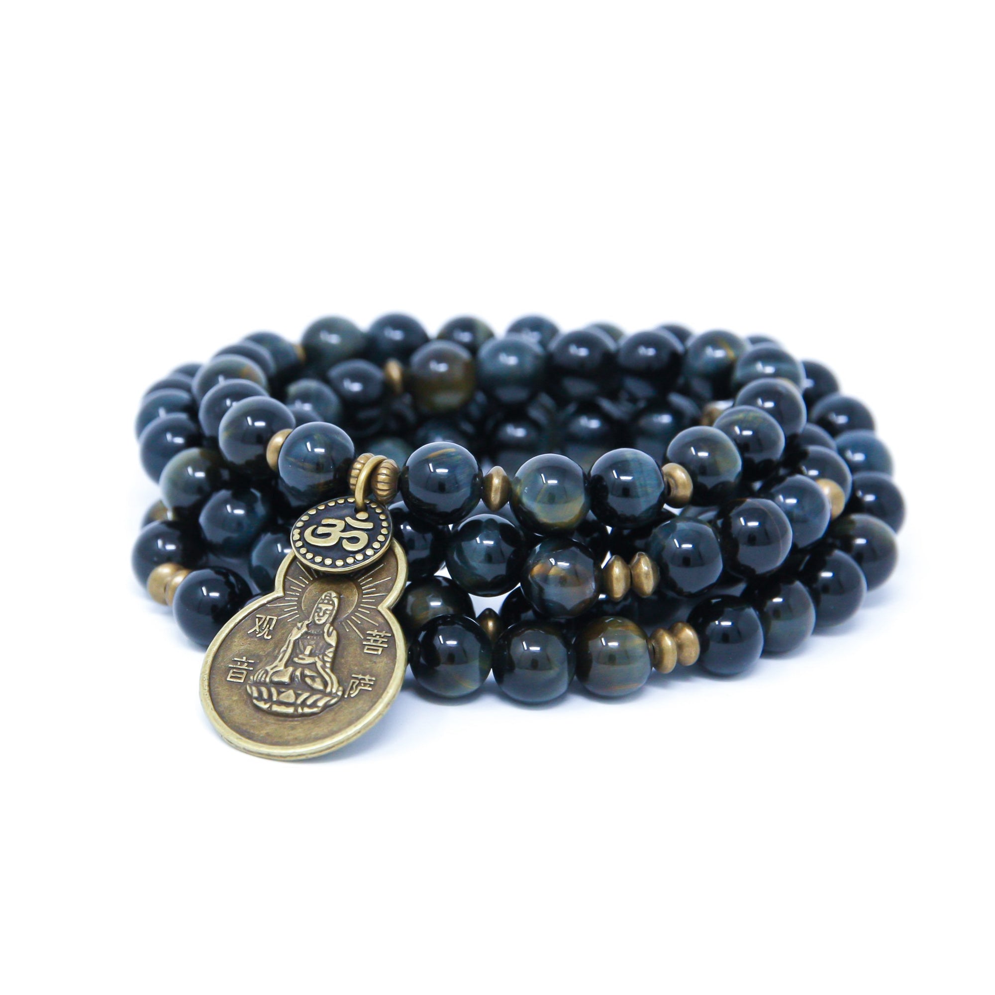 Blue Tiger Eye Mala beads with antique brass details, small Om charm and Quan Yin pendant.