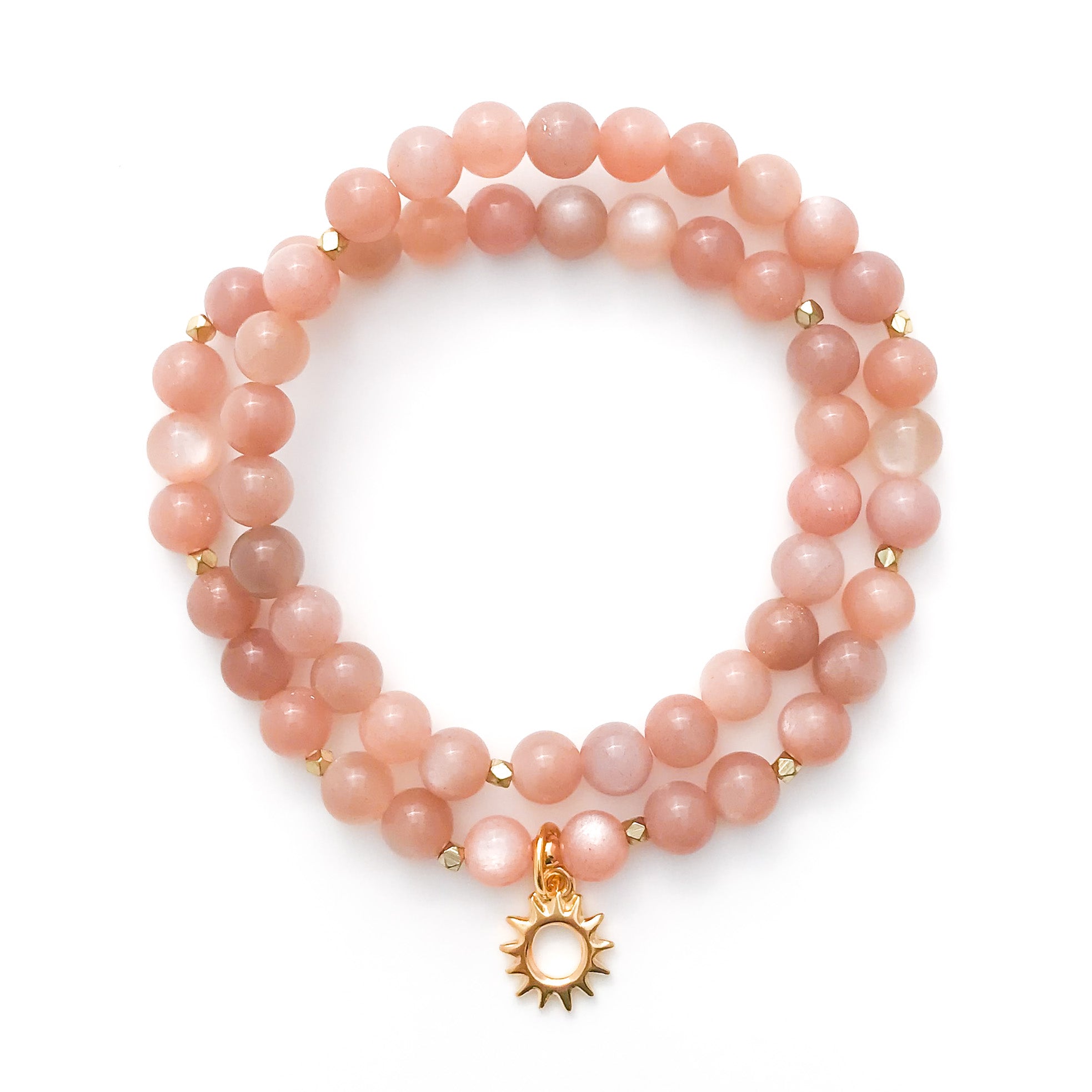 RADIANT : Sunstone Mala Wrap Bracelet with gold Radiant Sun Pendant, yoga jewelry