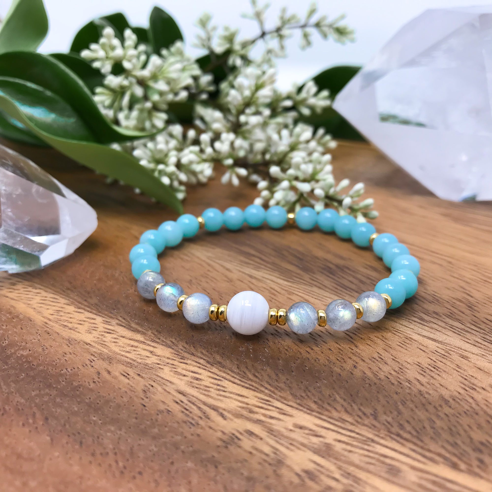 Aqua blue amazonite, grey labradorite and white moonstone mala bracelet with gold or silver accents.