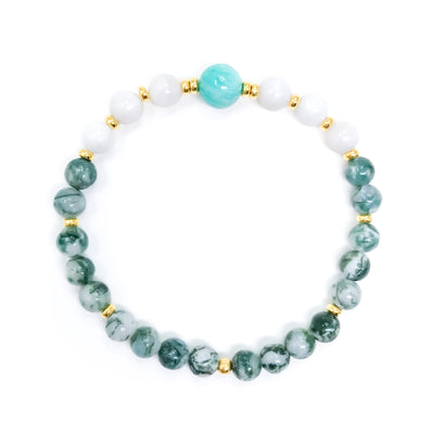 Green marbled Tree Agate, white Moonstone and aqua blue Amazonite yoga bracelet with gold or silver accents.