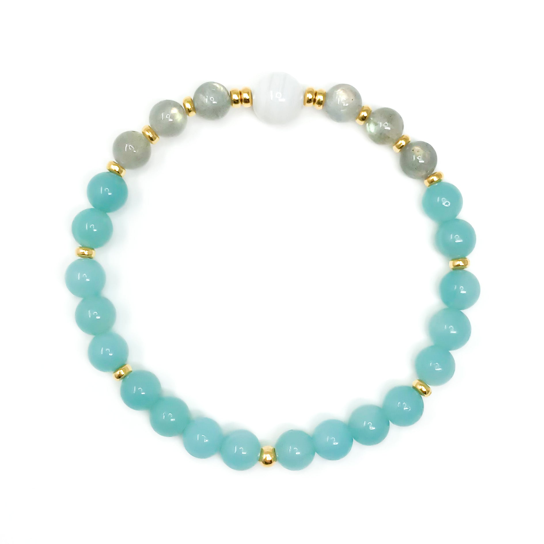 Aqua blue amazonite, grey labradorite and white moonstone mala bracelet with gold or silver accents.