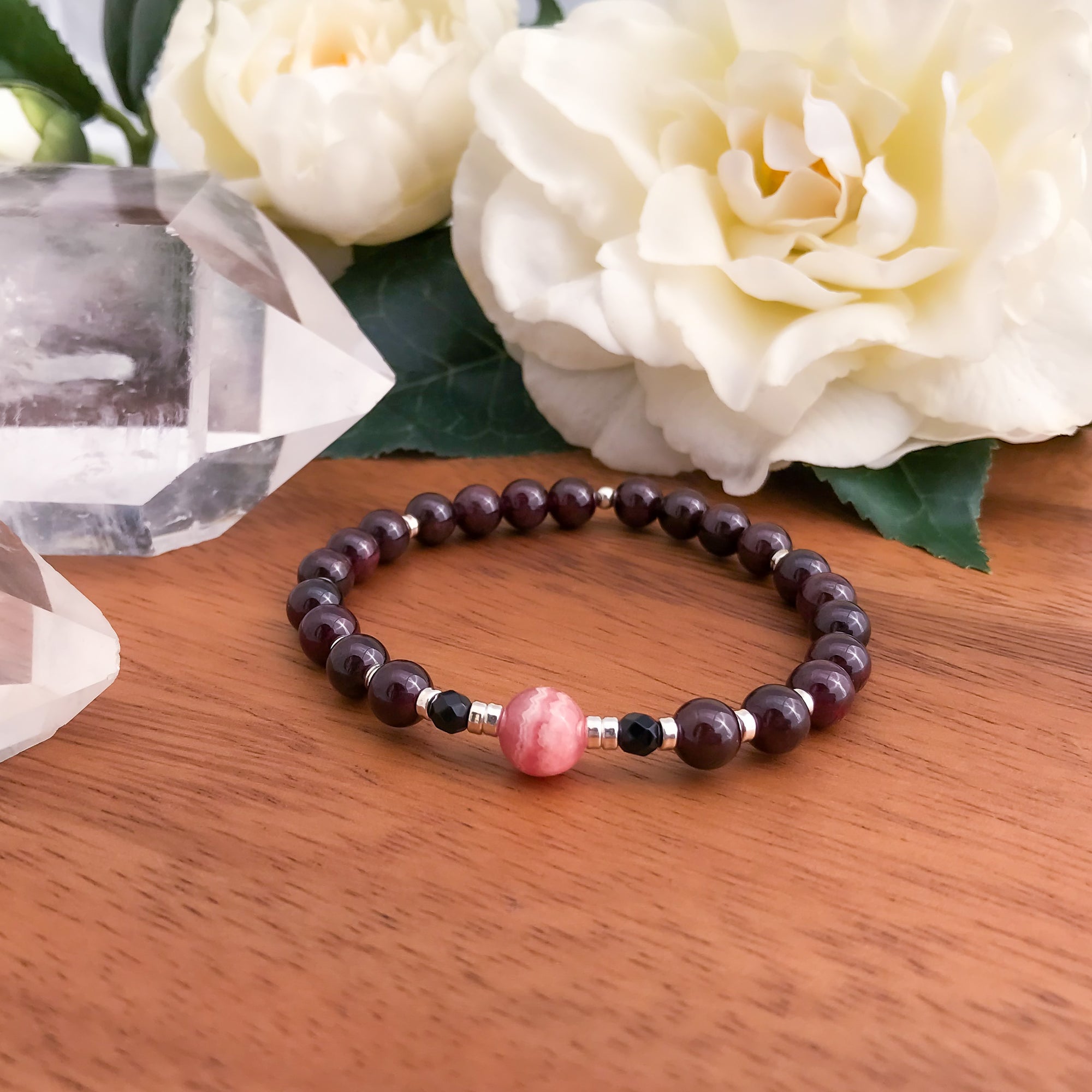 Love & Protection : Garnet, Rhodochrosite & Black Onyx Mala Bracelet