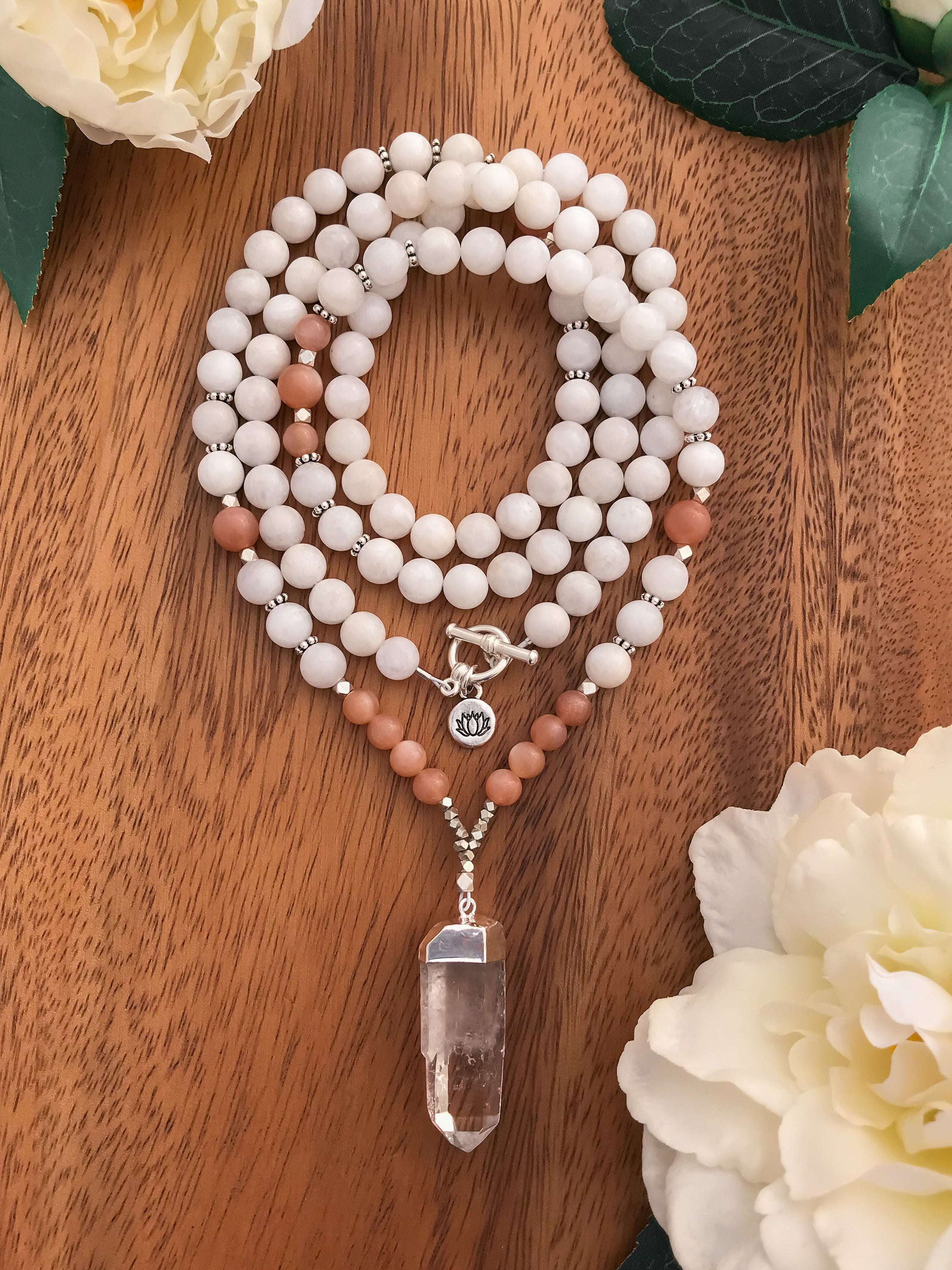 Moonstone and Sunstone 108 bead mala necklace with Quartz crystal point pendant, silver or gold, crystal jewelry