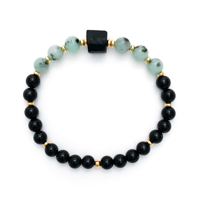 Protection & Nurture : Handmade Black Tourmaline & Sesame (Kiwi) Jasper Mala Bracelet With Raw Tourmaline focal bead and gold accents.