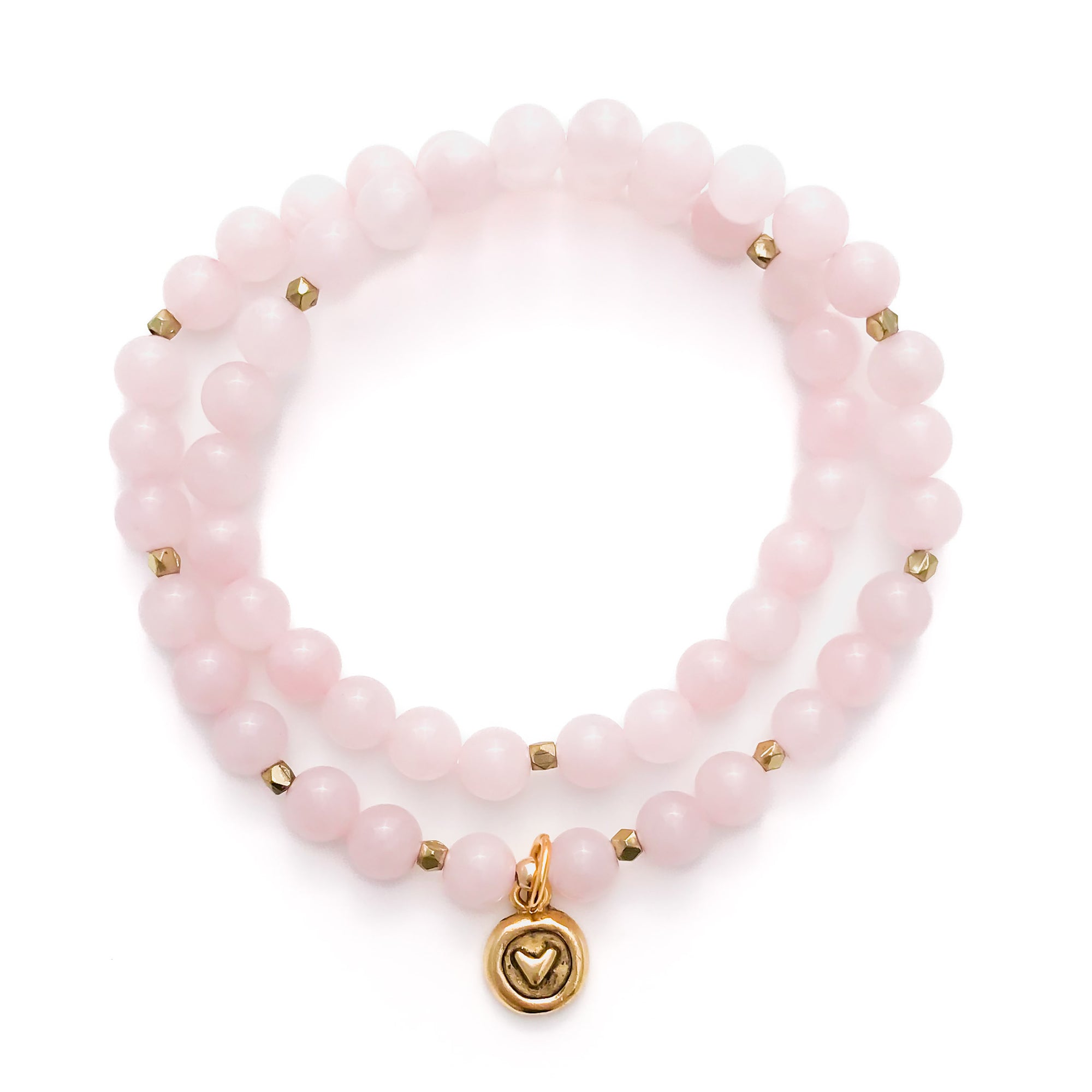 SELF-LOVE Rose Quartz Mala Wrap Bracelet with Heart Charm, Gold or Silver