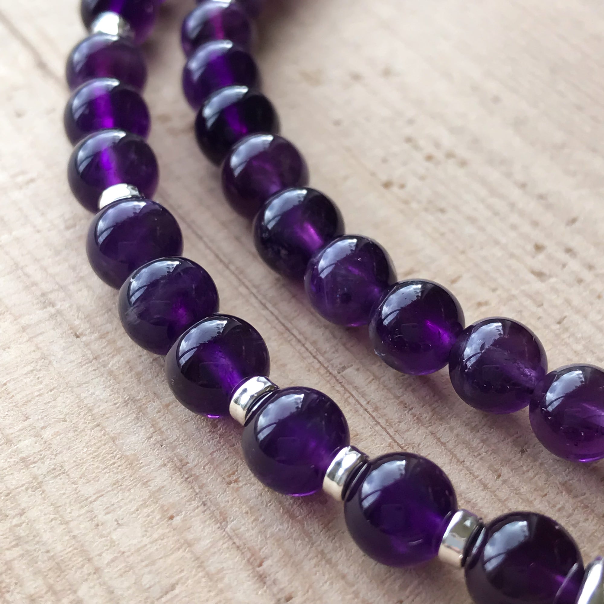 Amethyst 108 Mala Beads with Om Charm, amethyst bracelet
