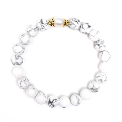 Howlite Mala Bracelet with Pearl, white marble bracelet, yoga jewelry. White marbled Howlite bracelet with a freshwater Pearl focal bead and gold or silver accents.
