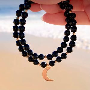 LUNA : Black Tourmaline Mala Wrap Bracelet with gold Crescent Moon and diamond cut accents. Yoga jewelry black beaded bracelet made with natural gemstone.