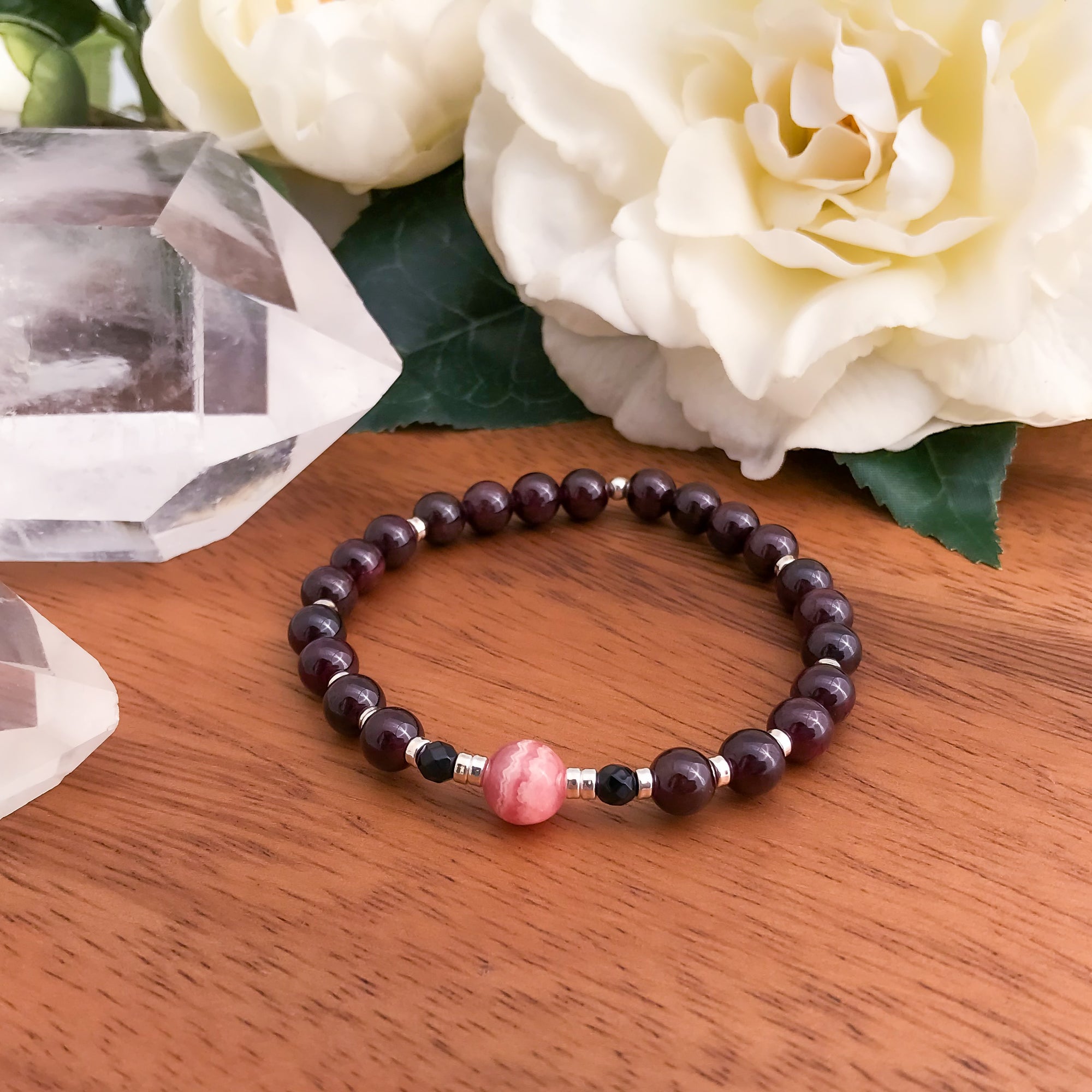 Love & Protection : Garnet, Rhodochrosite & Black Onyx Mala Bracelet