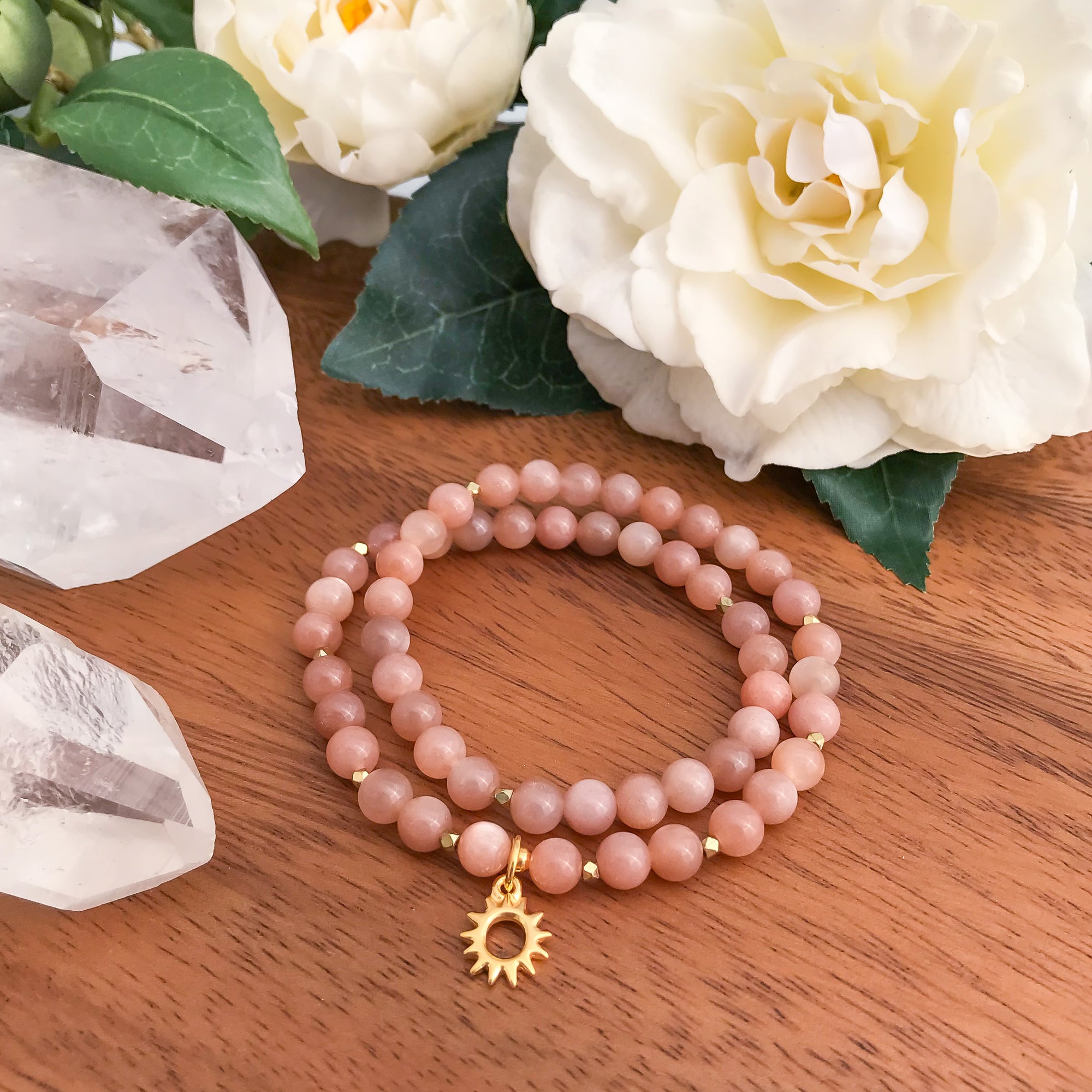 RADIANT : Sunstone Mala Wrap Bracelet with gold Radiant Sun Charm, gold diamond cut accents, intention bracelet